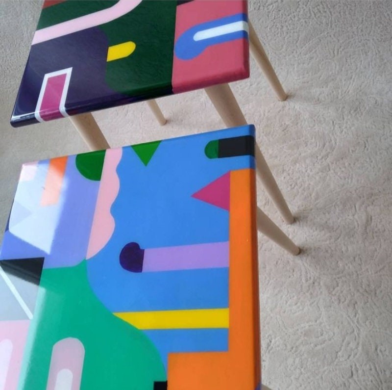 Modern Small Abstract Resin Side Tables, Unique Wood Sofa End Epoxy Living Room Bedside Entryway Cool Funky Fun Pink Blue Boho Coffee Table