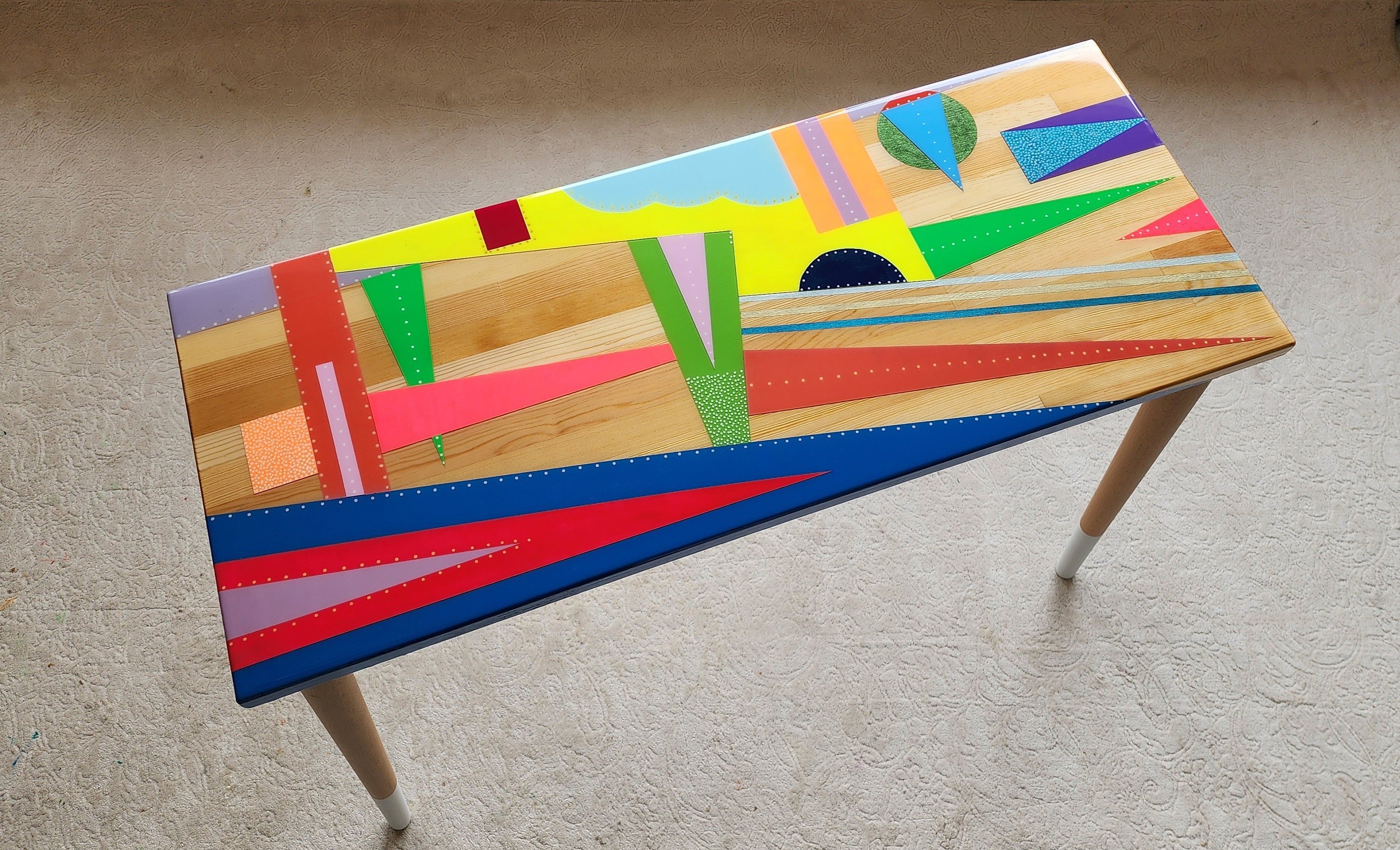 Colorful Funky Abstract Vintage Resin Table, Groovy Vibrant Wood Rainbow Pink Retro End Side Living Room Cool Epoxy Center Art Coffee Table