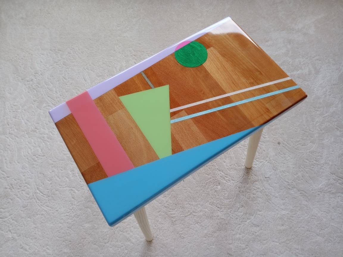 Wooden Blue Resin Boho Side Coffee Table,Modern Small Pink Epoxy Wood Unique End Sofa Abstract Bedside Living Room Bedroom Art Coffee Tables