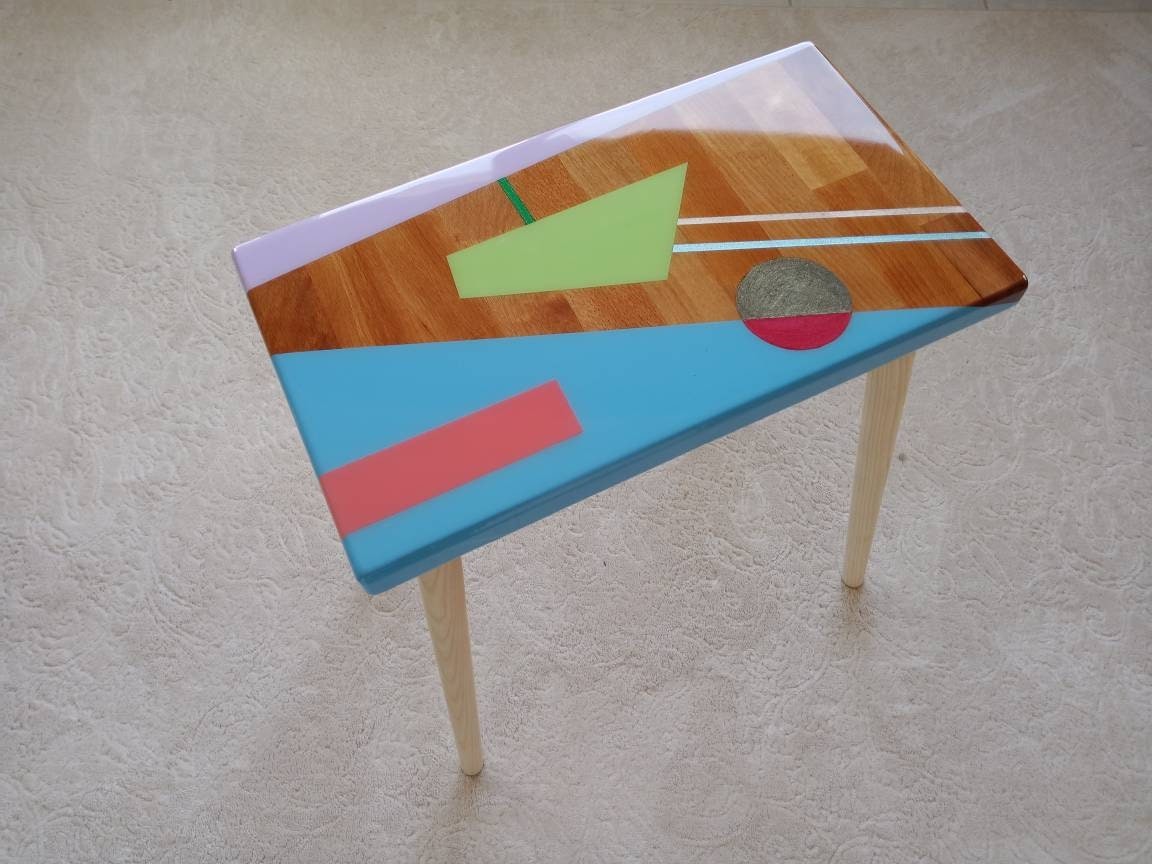 Small Bedside Narrow Resin Side Coffee Table, Unique Wood Wooden Blue Epoxy End Sofa Living Room Colorful Cool Abstract Funky Art Furniture
