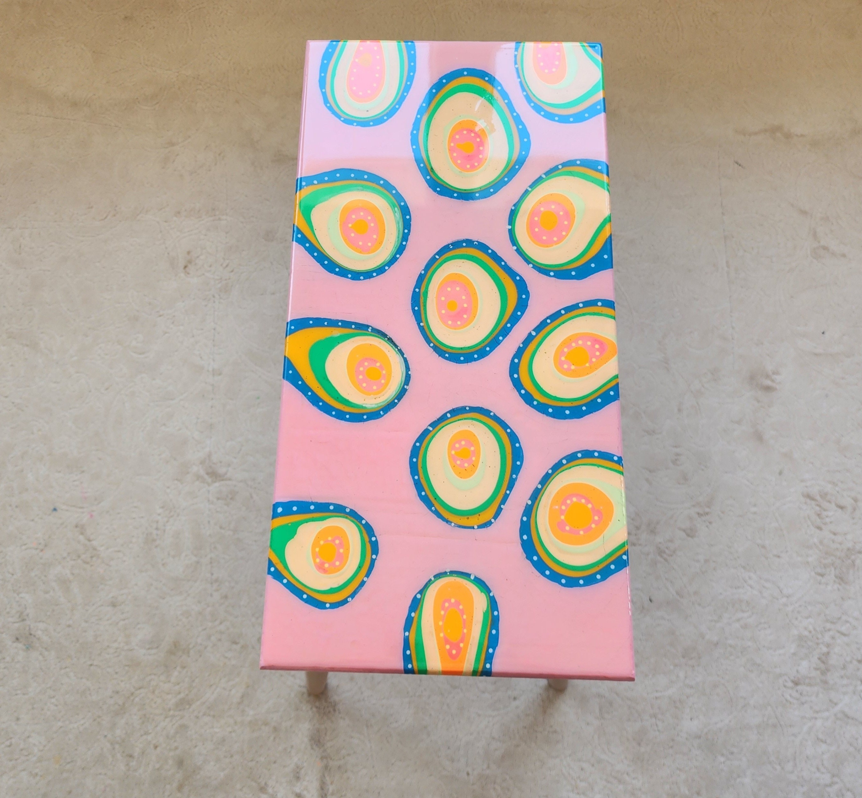 Unusual Pink Funky Colorful Side Narrow Resin Coffee Table, Maximalist Eclectic Abstract Cool Neon Painted Leg Epoxy Cute Boho Pop Art Table