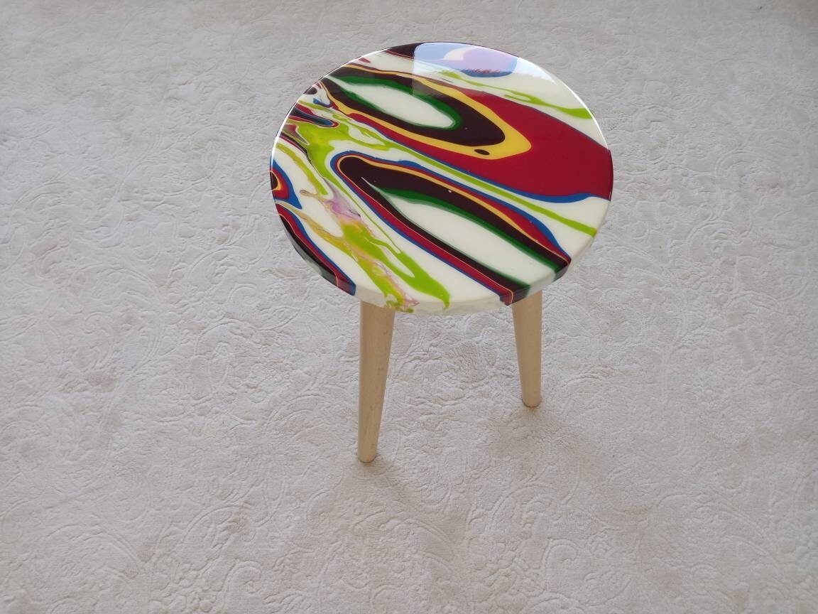 Round Small Resin White Side Coffee Table, Green Red Epoxy Modern Unique Wooden  Wood Living Room Furniture End Sofa Bedside Cool Art Table