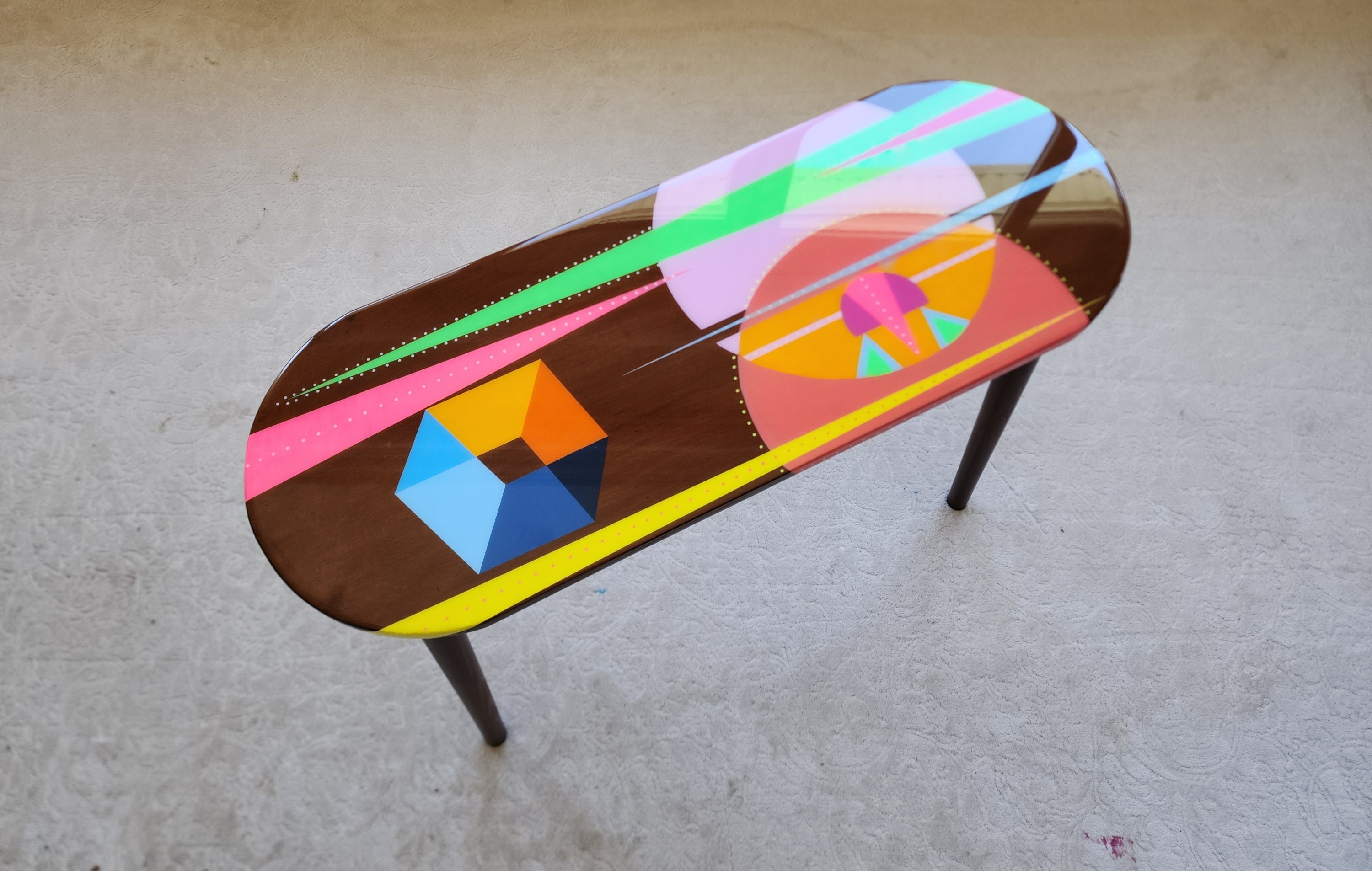 Oval Handmade Funky Colorful Resin Side Coffee Table,Wooden Retro Vintage Abstract Painted Pop Art Living Room Cool Pink Brown Unusual Table