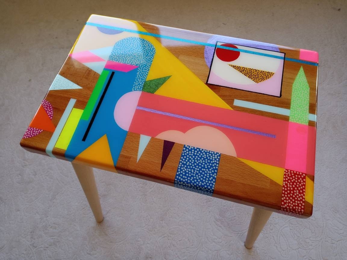 Wooden Resin Boho Side Funky Coffee Table, Modern Handmade Cool Bedside Living Room Entryway End Sofa Middle Colorful Abstract Small Table