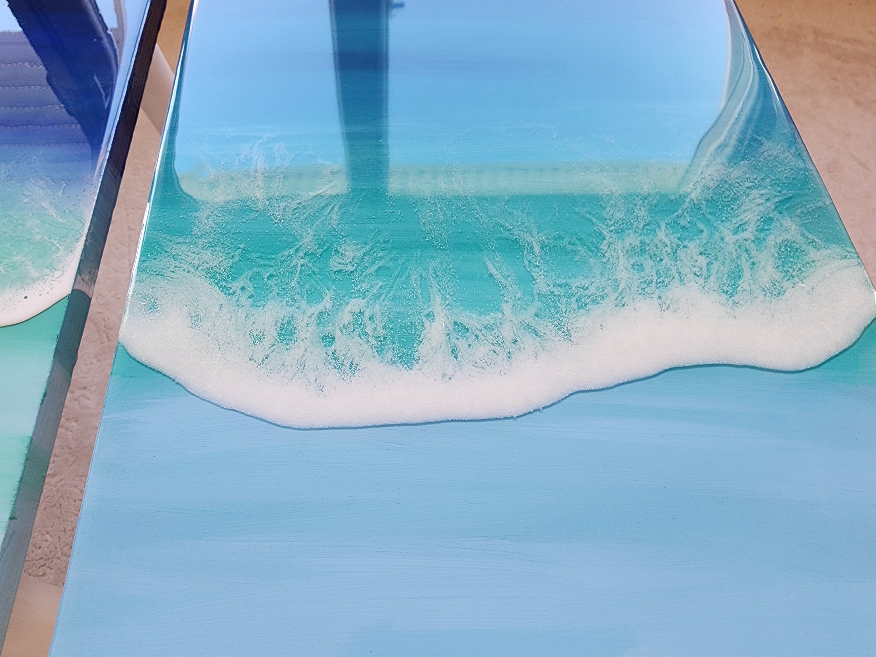 Natural Epoxy Resin Coffee Beach Side Tables With Ocean Wave Design, Handmade Wooden Blue White Sea Tables In Nautical Style, Coastal Tables