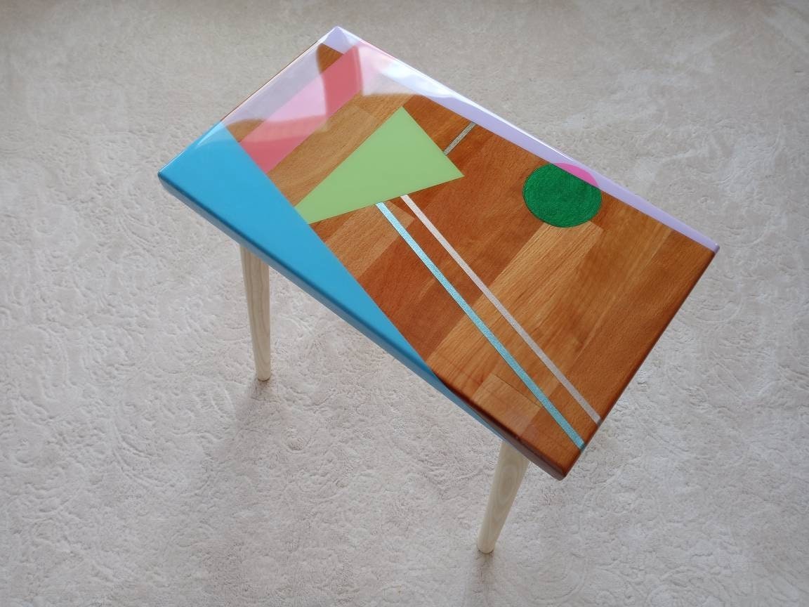 Wooden Blue Resin Boho Side Coffee Table,Modern Small Pink Epoxy Wood Unique End Sofa Abstract Bedside Living Room Bedroom Art Coffee Tables
