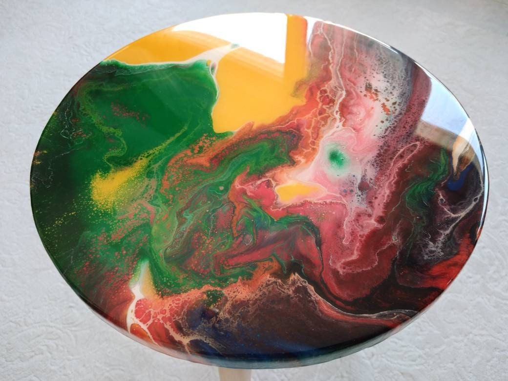 Round Yellow Red Side Resin Coffee Table, Bedside Blue Green Modern Unique Wood Handmade Wooden Abstract Art Sofa End Cool Amazing Table