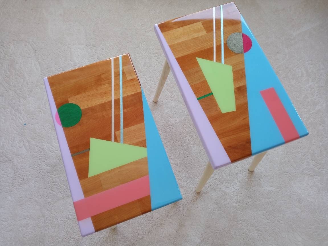 Modern Resin Narrow Colorful Abstract Side Tables , Unique Bedside Living Room Table, Wooden Sofa End Epoxy Art Blue Pink Green Coffee Table