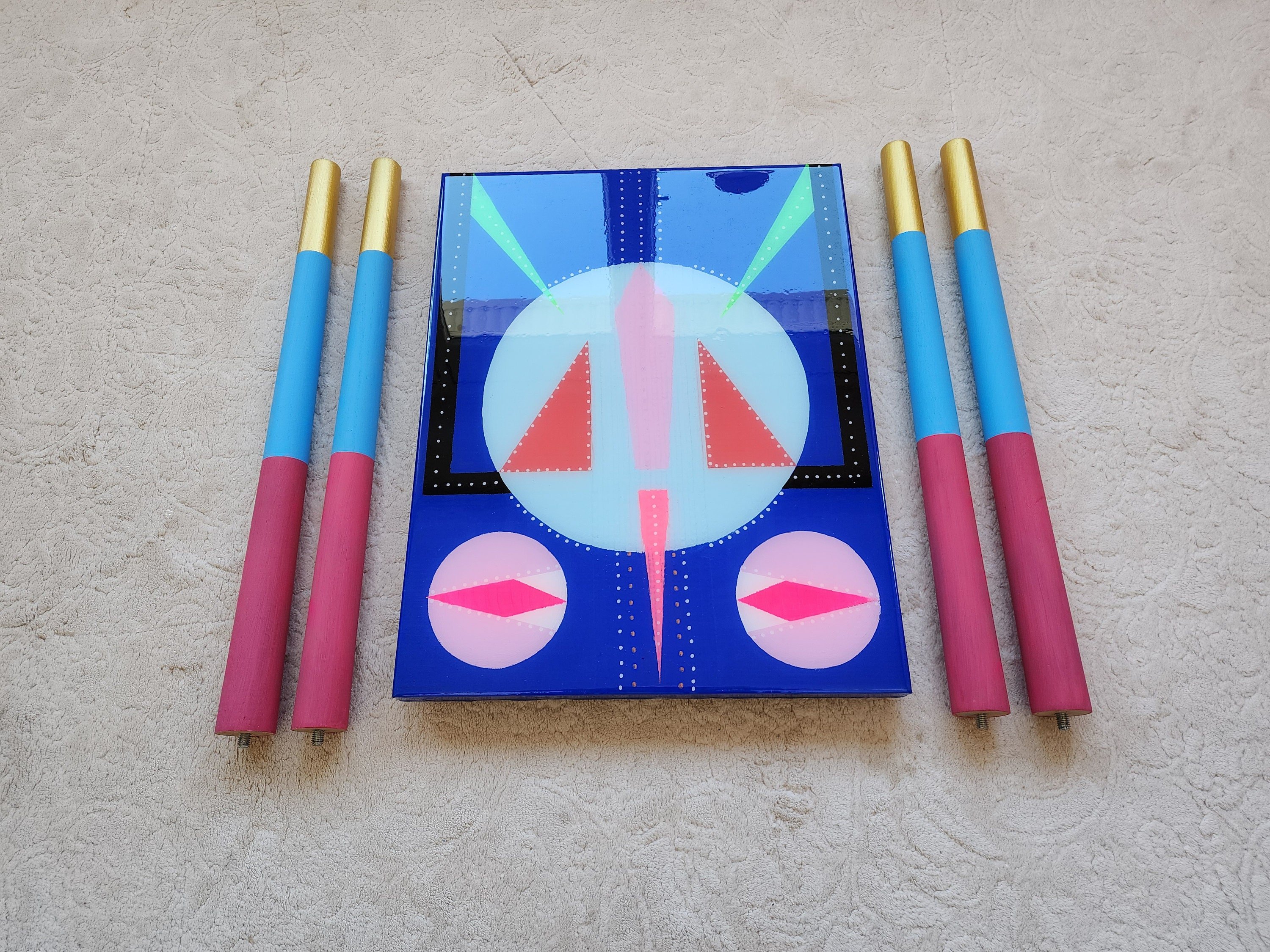 Unusual Blue Wooden Retro Epoxy Resin Side Coffee Table,Colorful Funky Eclectic Rainbow Abstract Pop Art Hand Painted Pink End Sofa Table