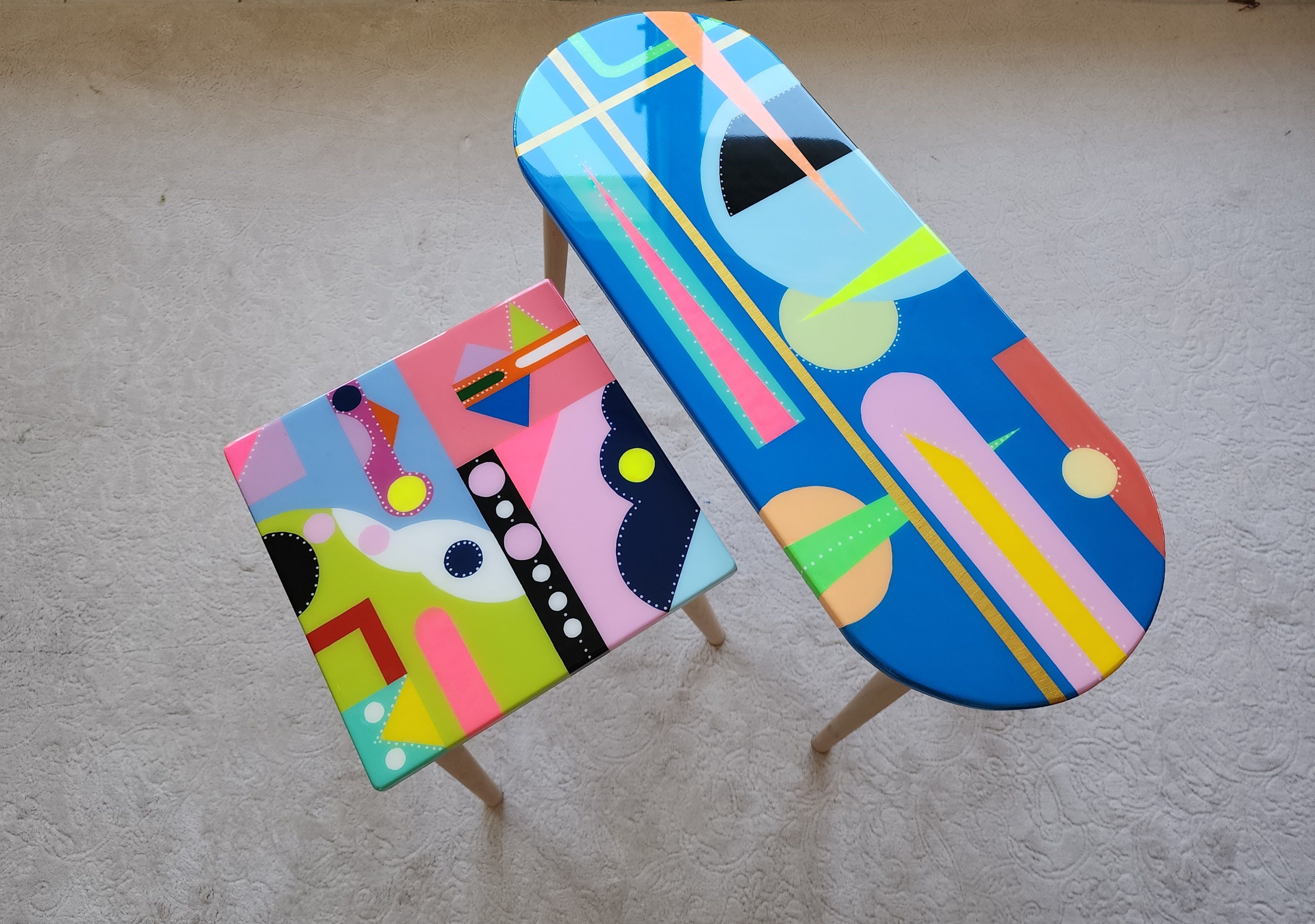 Whimsical Funky Colorful Resin Side Coffee Tables,Abstract Cool Oval Square Rainbow Geometric Design Center Corner Entryway Epoxy Art Tables