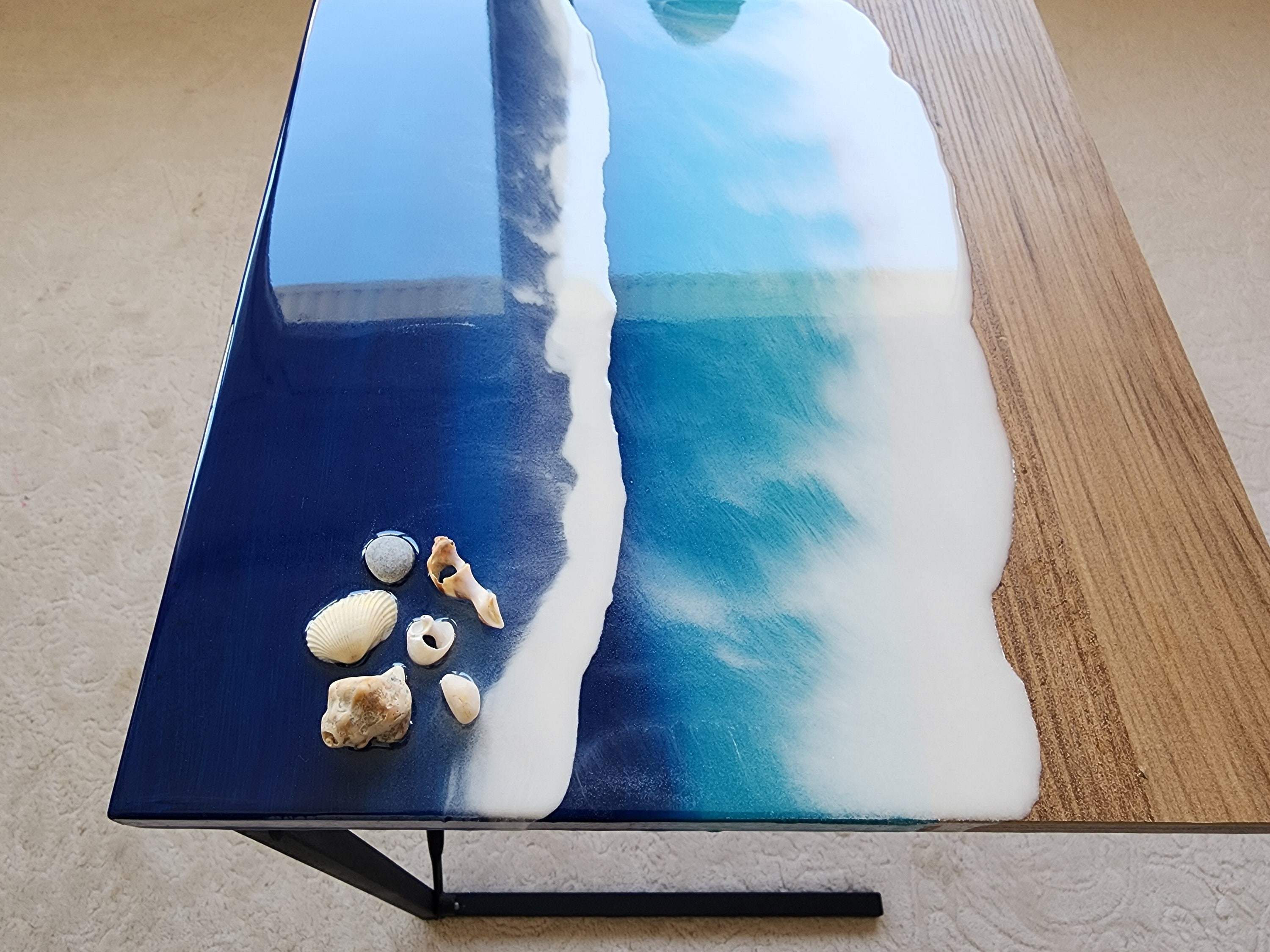 Small C Shape Ocean Wave Epoxy Resin Couch Table, Modern Nautical Sofa Side Sea End Table, Coastal Seashell Beach Snack Art Coffee Table