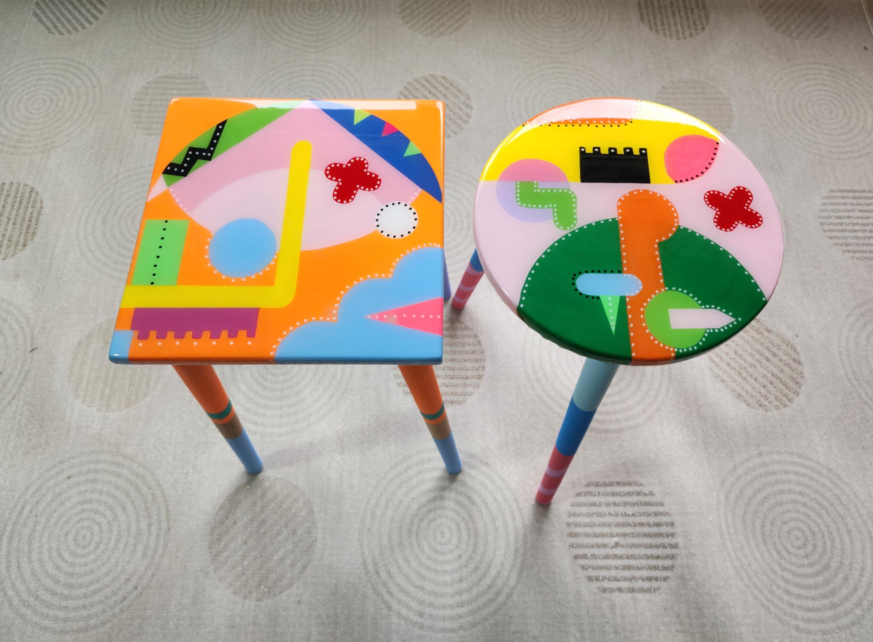 Colorful Funky Abstract Cool Furniture,Resin Side Coffee Tables Wooden Modern Pink Orange Acrylic Painted Quirky Bedside Cute Art Nightstand