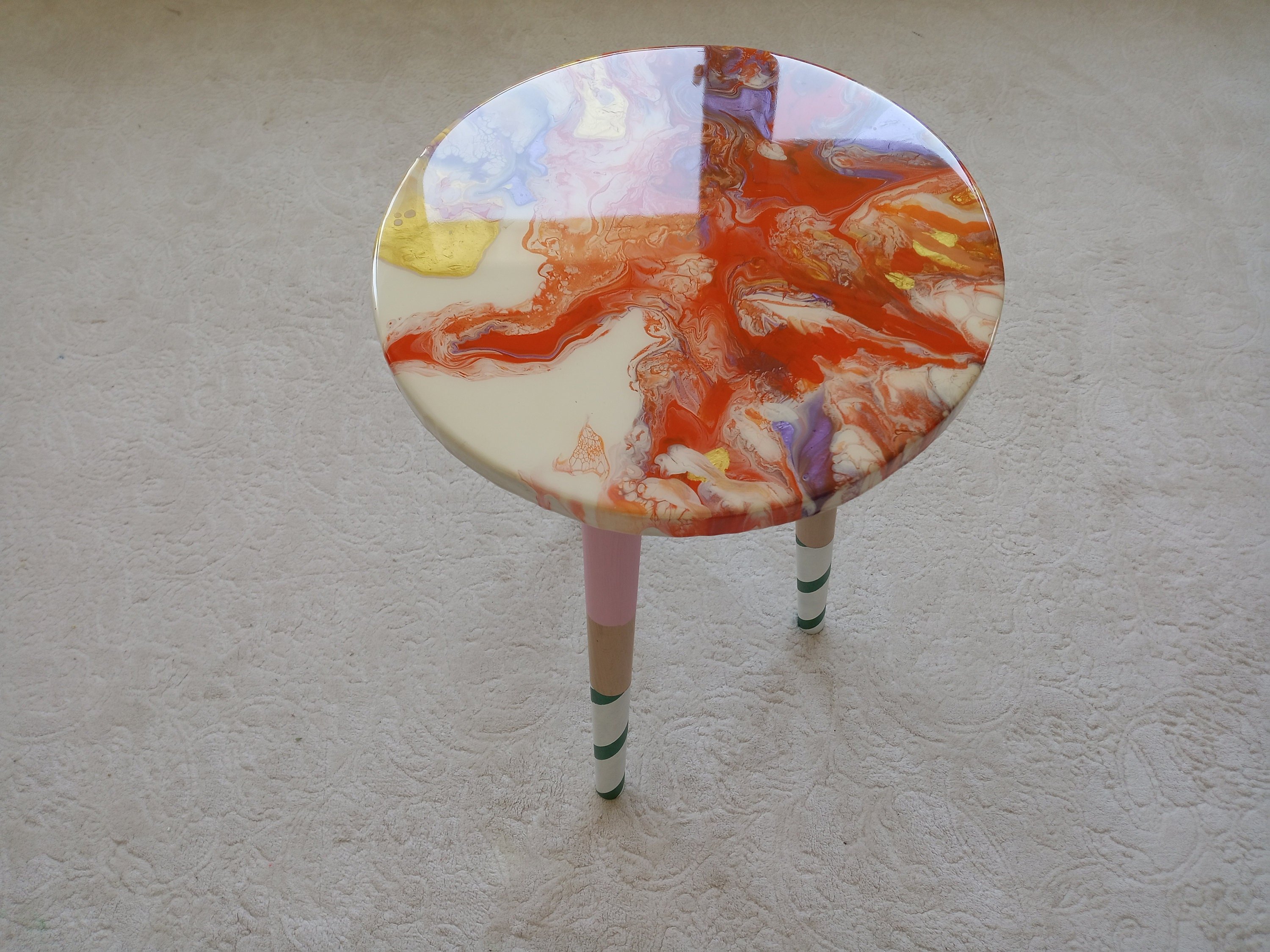 Colorful Abstract Vibrant Wooden Resin Side Coffee Table, Unique Acrylic  Painted Orange Eclectic Cute Epoxy End Boho Cool Small Art Table