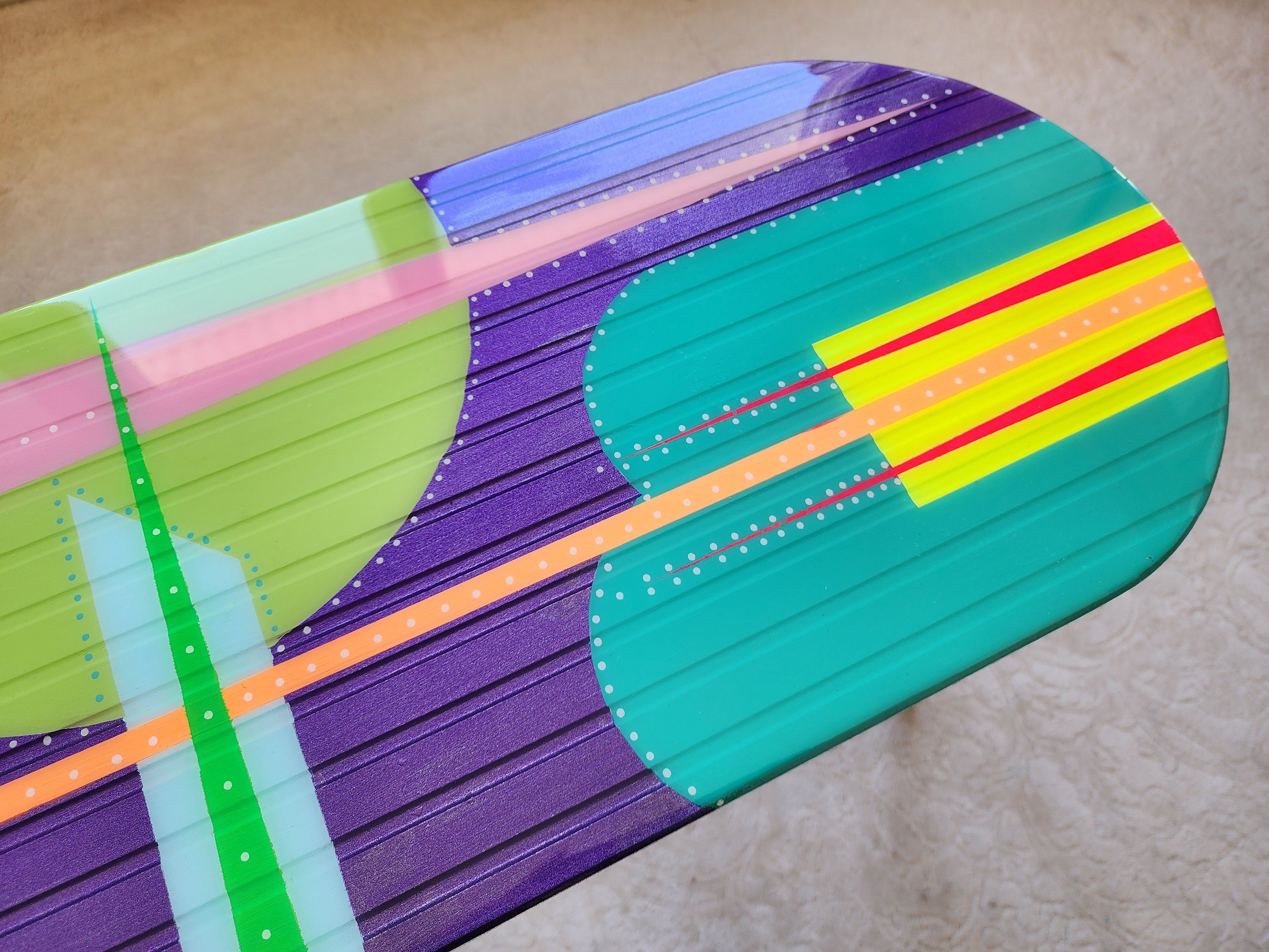 Unusual Oval Purple Funky Colorful Side Resin Coffee Table, Maximalist Eclectic Abstract Cool Neon Painted Leg Epoxy Cute Boho Pop Art Table