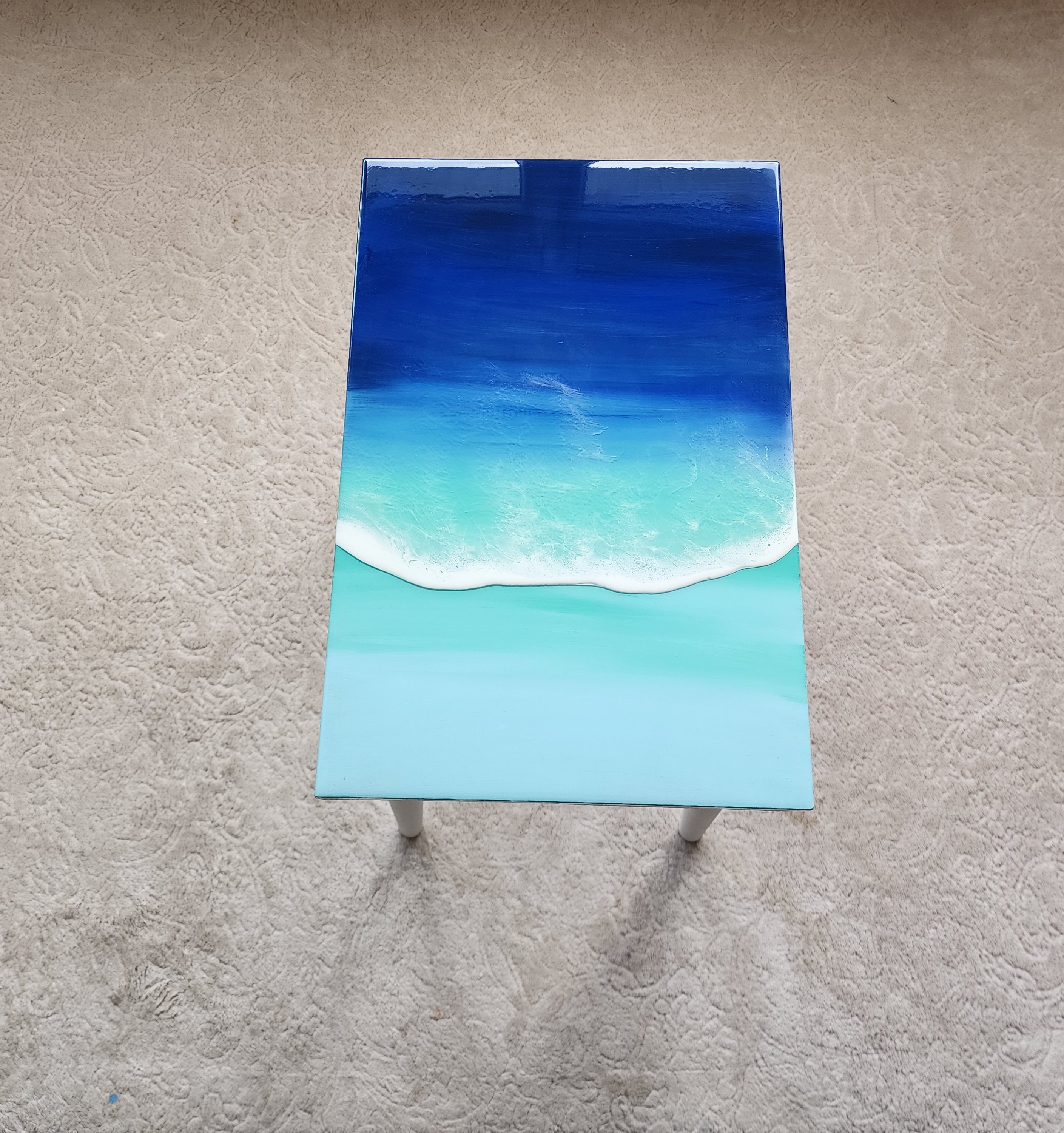 Beach Themed Epoxy Resin Ocean Wave Side Coffee Table, Coastal Blue Natural Sea Table,Unique Groovy Sofa End Table,Modern Painted Legs Table