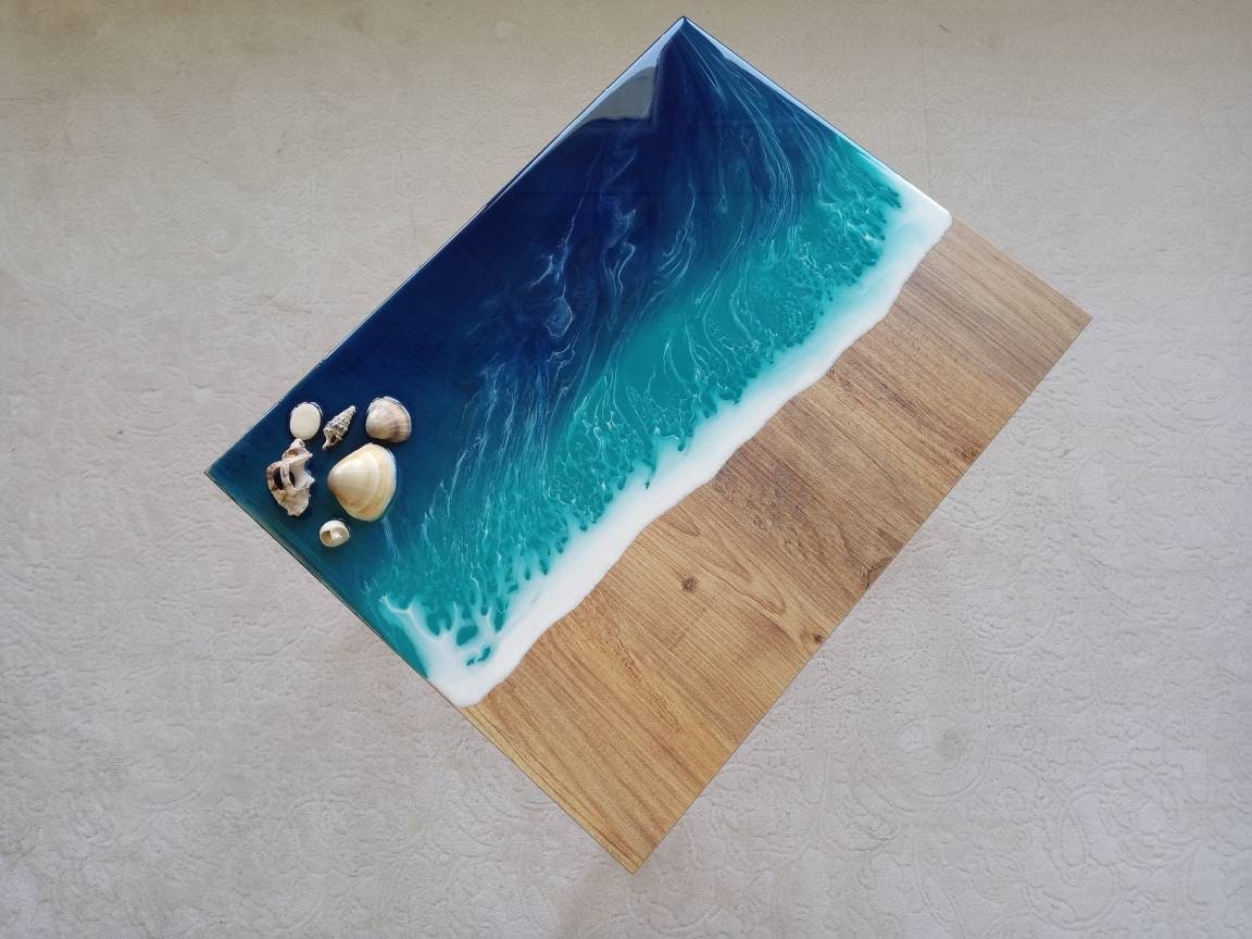 Wooden Cute Ocean Wave Side End Resin Coffee Table,Nautical Beachy Home Furniture, Natural Seashells Table, Small Sea Theme Cool Art Table