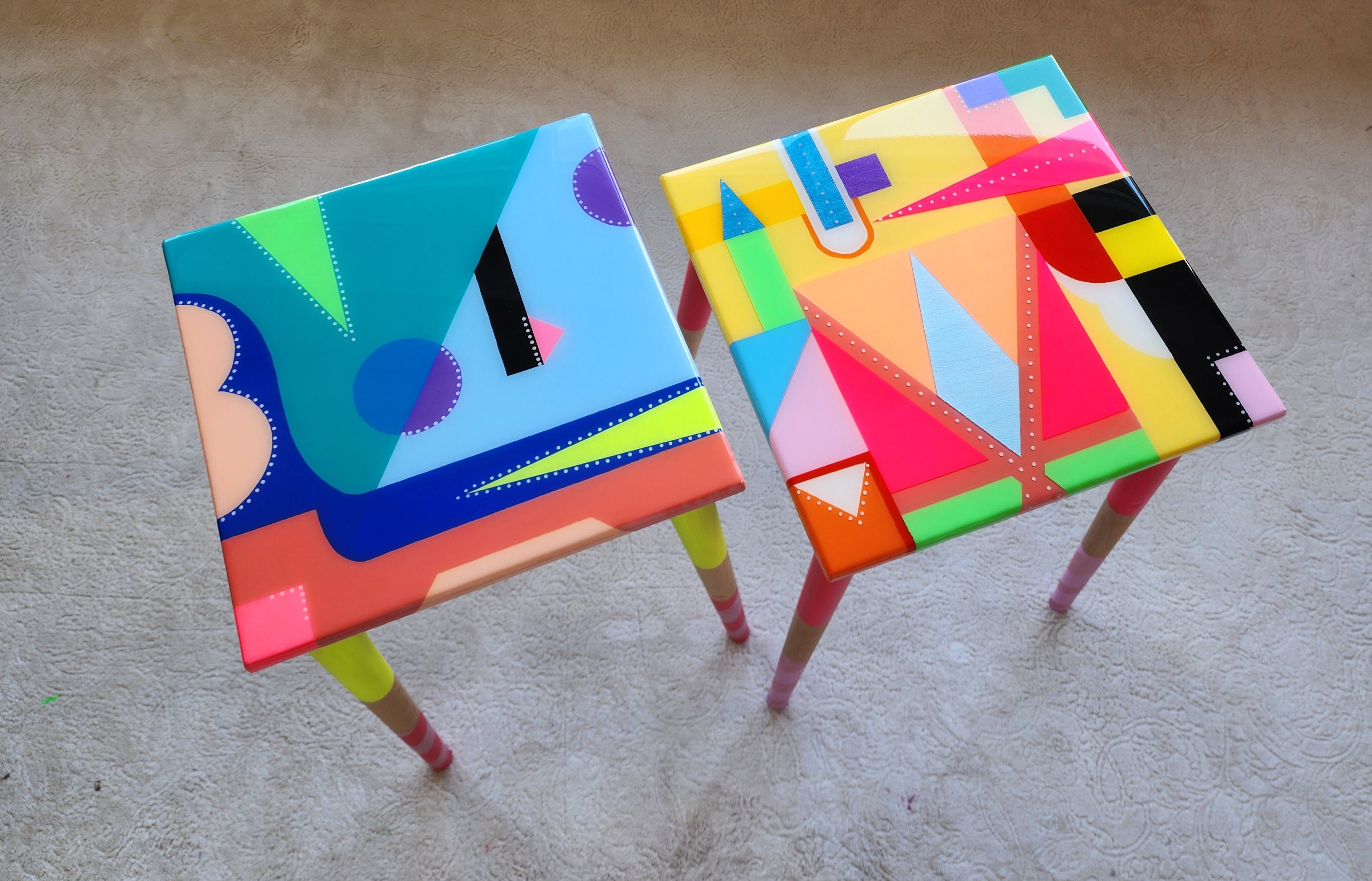 Unusual Pink Funky Colorful Side Narrow Resin Coffee Tables,Maximalist Eclectic Abstract Cool Neon Painted Leg Epoxy Cute Boho Pop Art Table