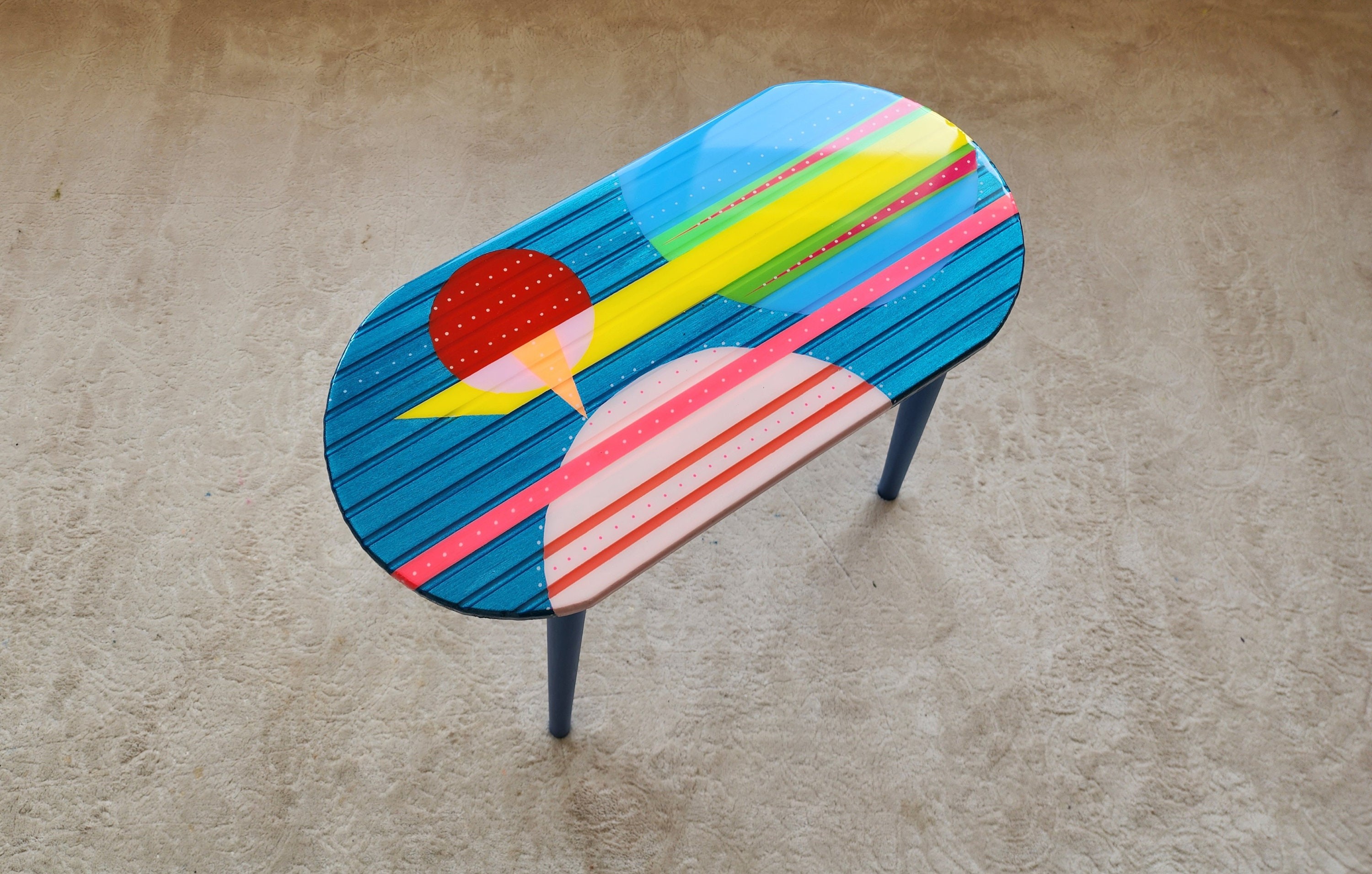 Modern Oval Colorful Wooden Epoxy Resin Side Coffee Table, Minimalist Unique Abstract Funky Maximalist Bedside Unusual Aesthetic Art Table