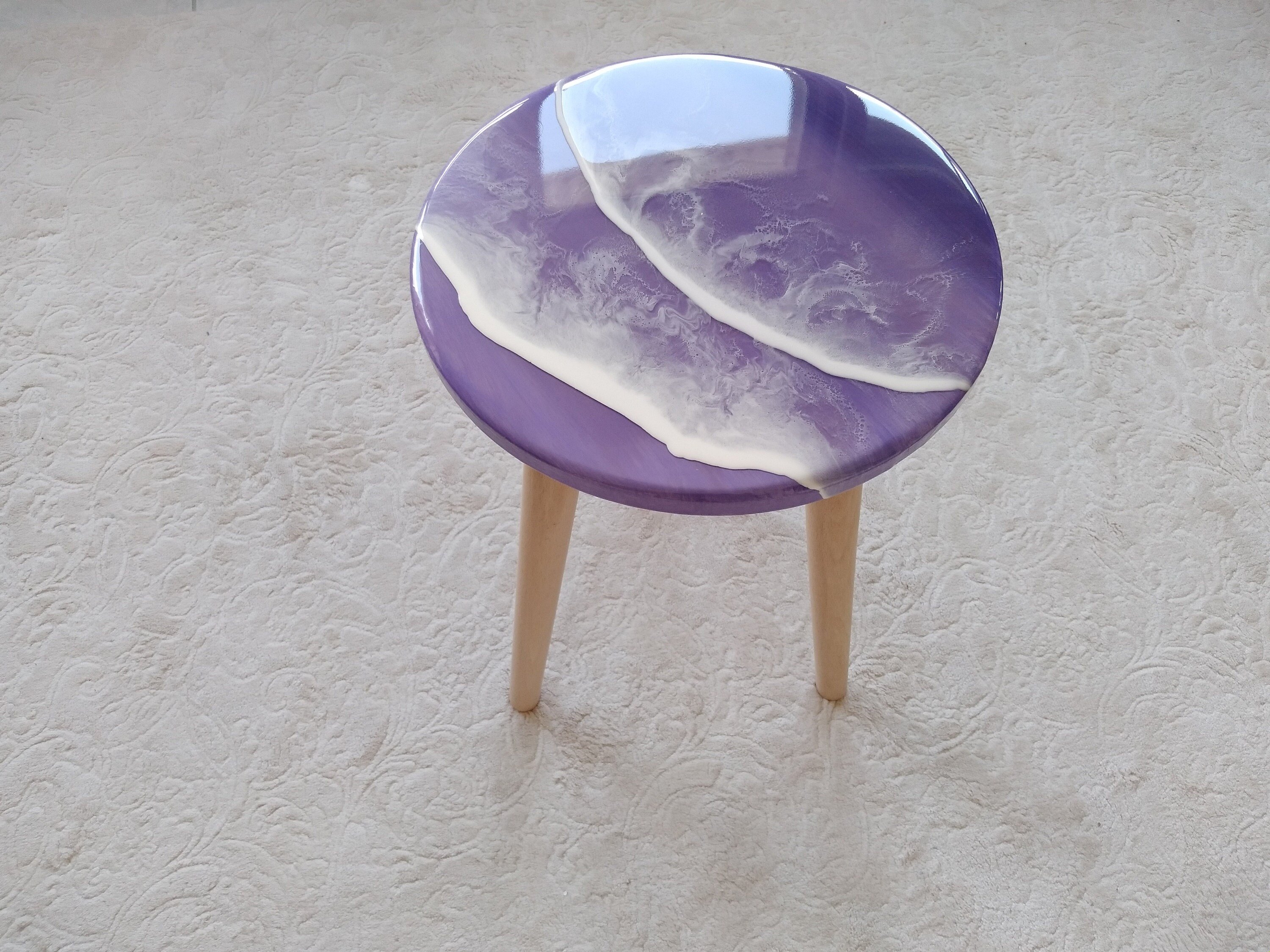Unique Ocean Wave Resin Sofa Coffee Table, Purple Modern Natural Wood Side Art End Beach Art Design, Living Room, Bedside Bedroom Cool Table