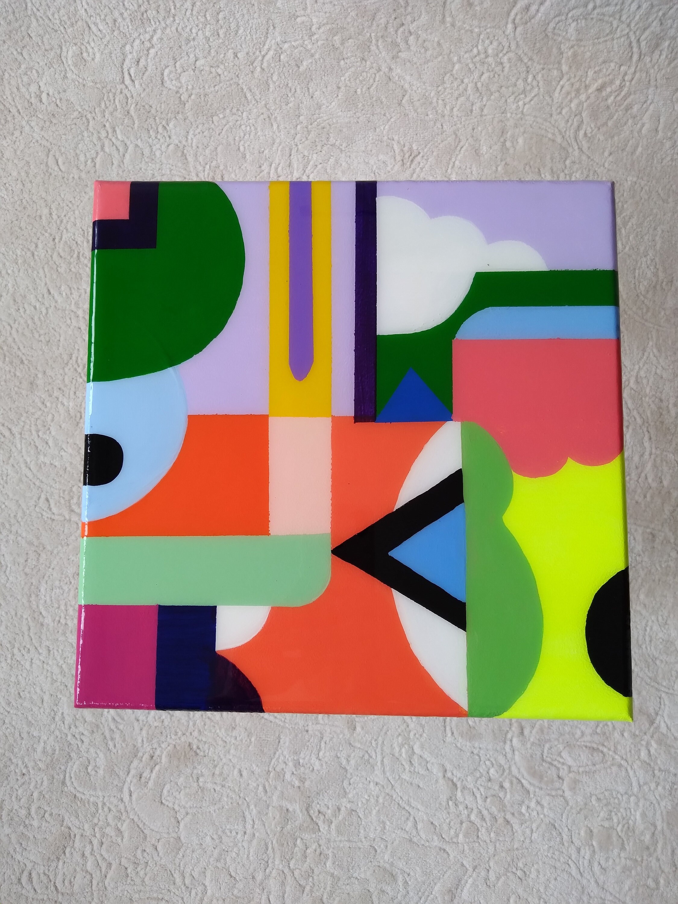 Colorful Abstract Funky Cool Resin Side Coffee Table,Wooden Square Center Corner Bedside Rainbow Pink Pop Art Design Unusual Epoxy End Table