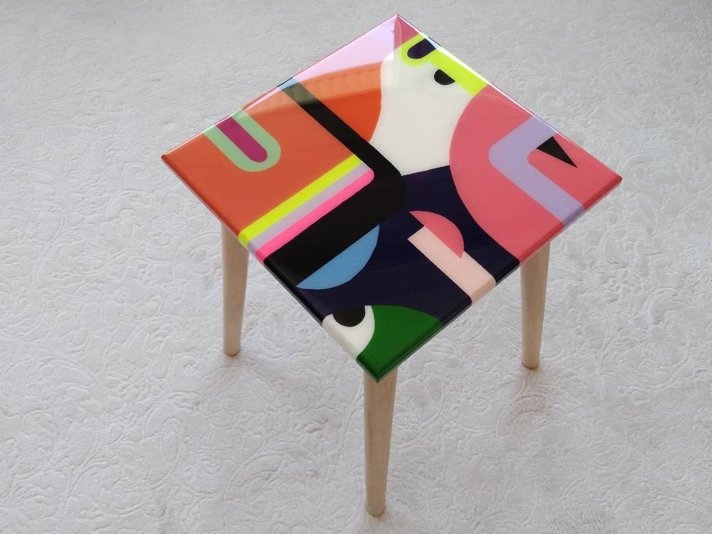 Small Abstract Colorful Resin Side End Coffee Table, Modern Mid Century Style Orange Yellow Unique Wooden Funky Boho Cool Art Coffee Table