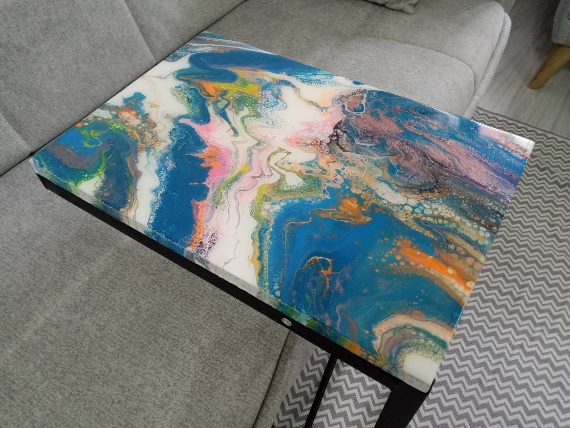 Resin Couch C Shape Table With Metal Legs,Living Room Bedside Bedroom Colorful Abstract Cool Funky Side Sofa Unique Art Design Coffee Table