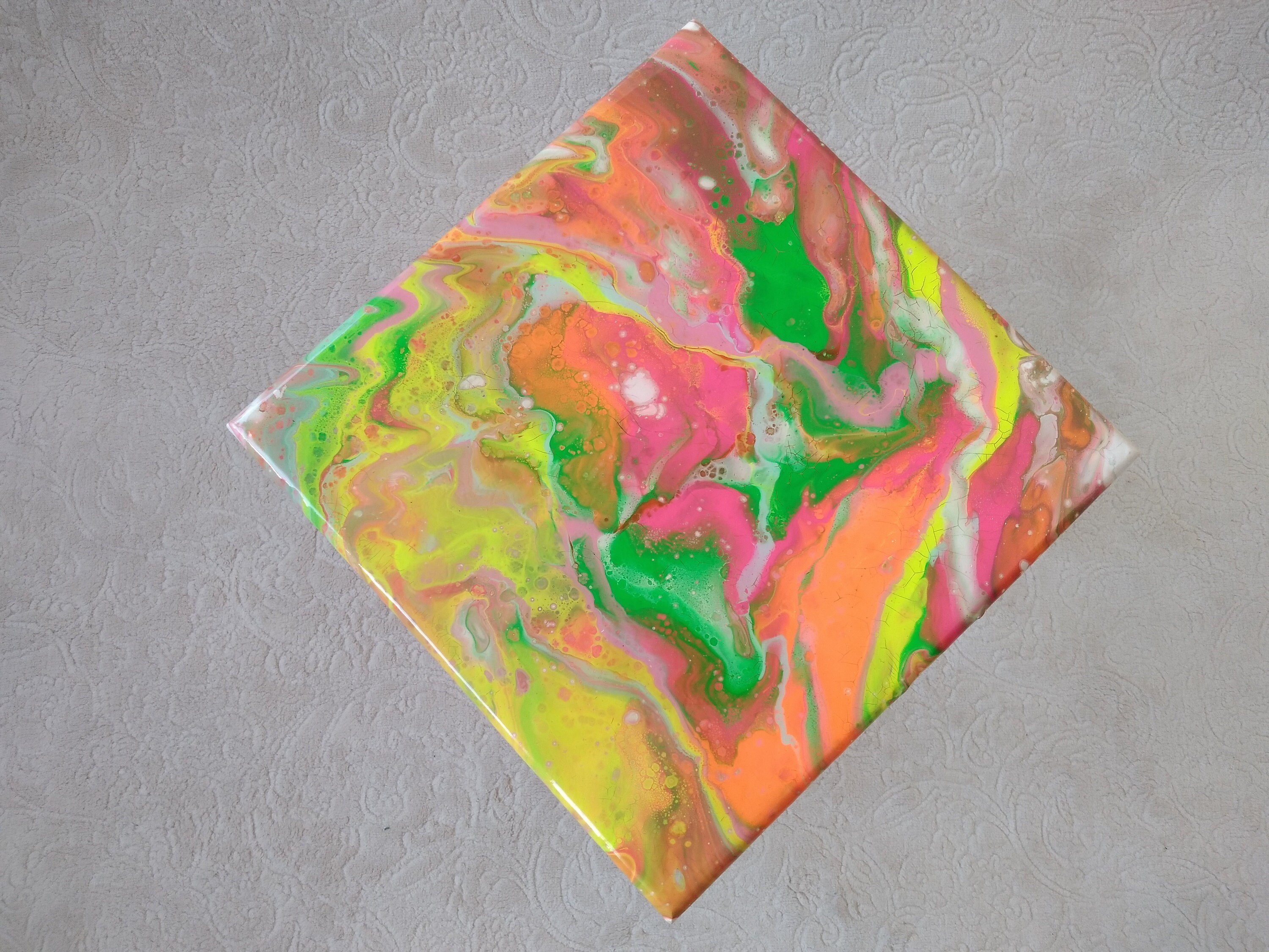 Small Colorful Abstract Resin Side Coffee Table, Pink Square Eclectic Modern Wooden End Sofa Epoxy Neon Cool Painted Boho Art Bedside Table