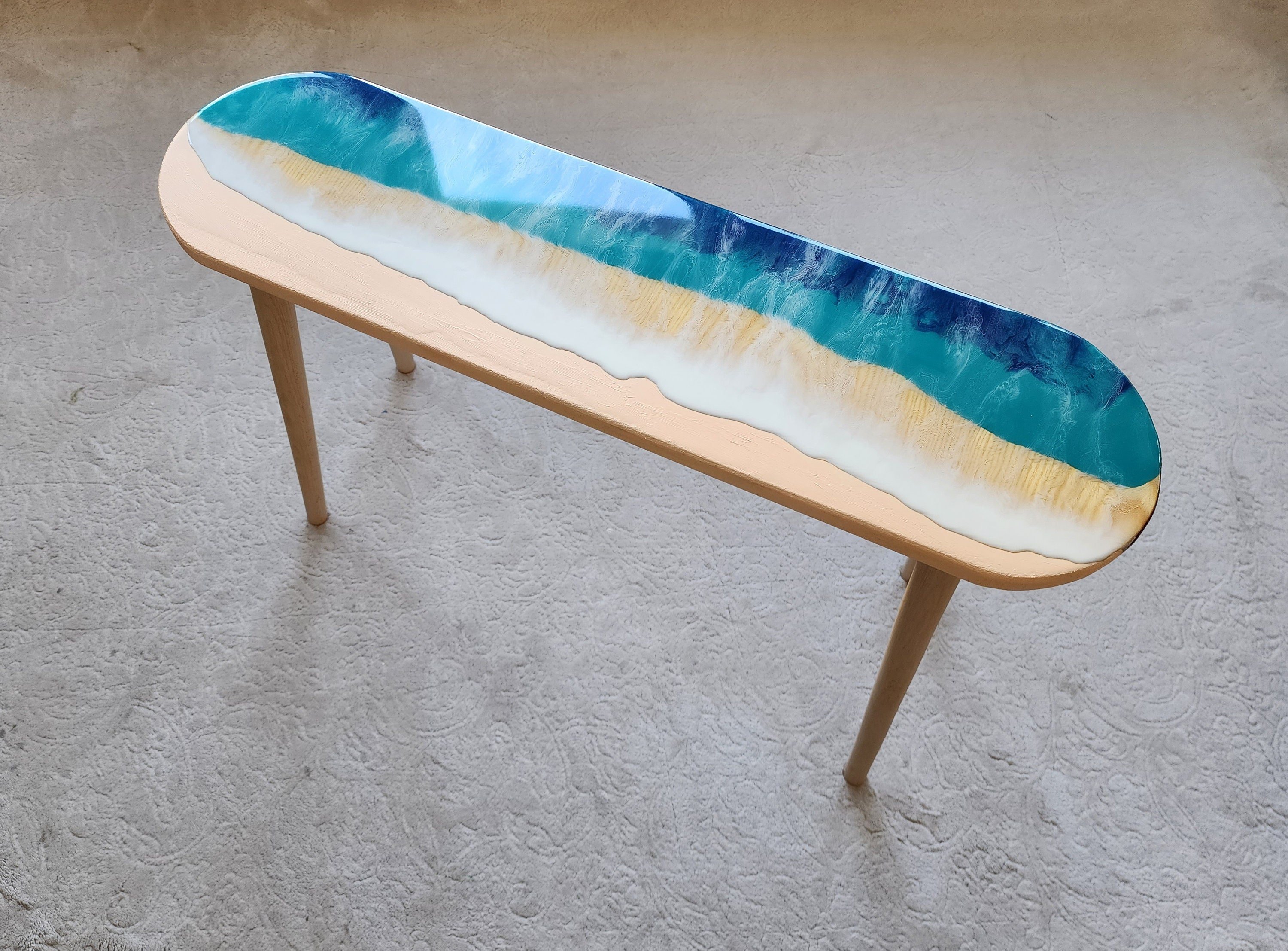 Oval Epoxy Resin Ocean Waves Side Coffee Table,  Natural Beach House Decor Blue Coastal Nautical Sea Themed Entryway Bedside Bedroom Table