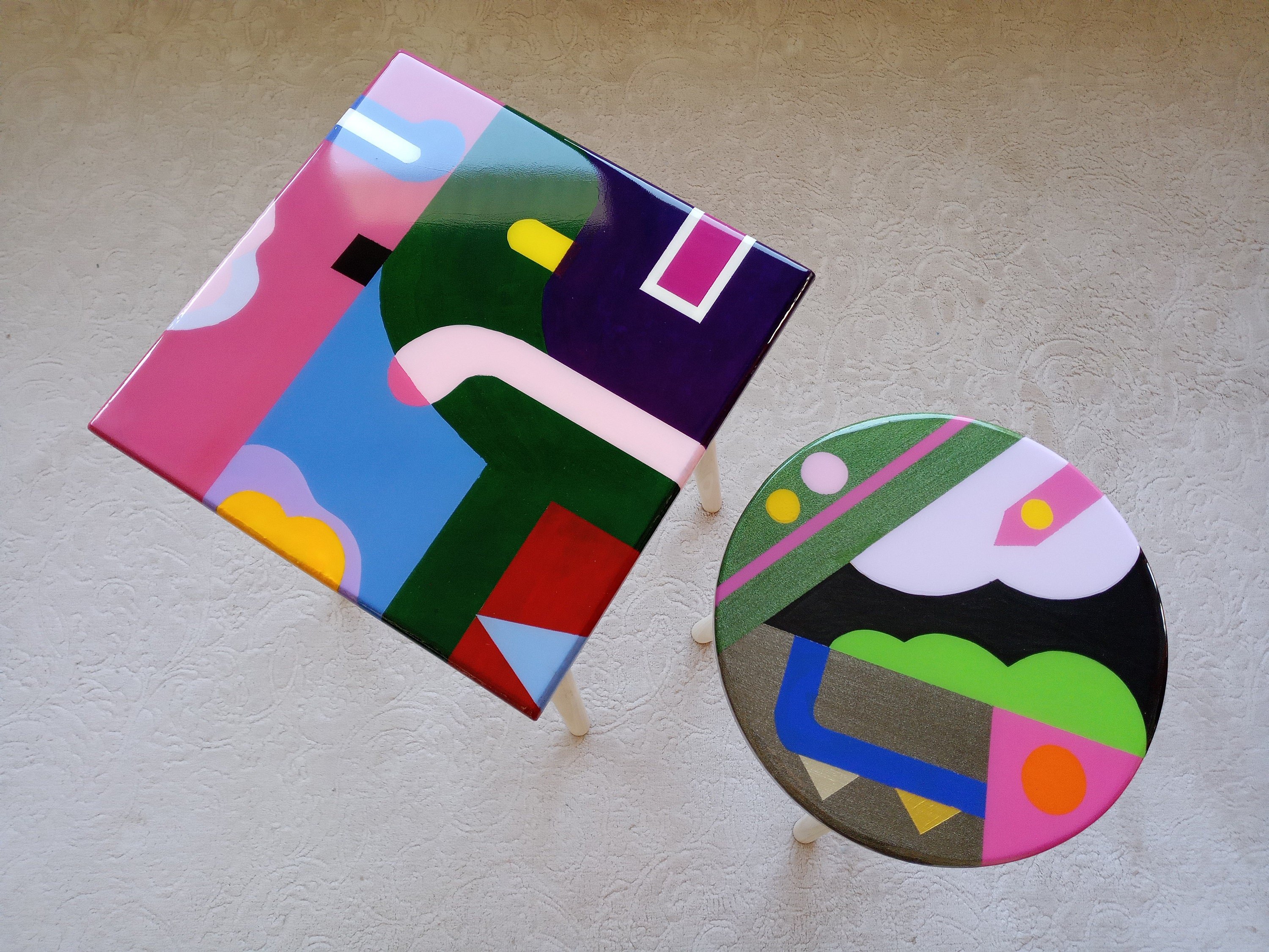 Pop Art Funky Resin Side End Coffee Tables, Modern Unique Colorful Wooden Abstract Pink Green Living Room Bedside Cool Epoxy Nesting Tables