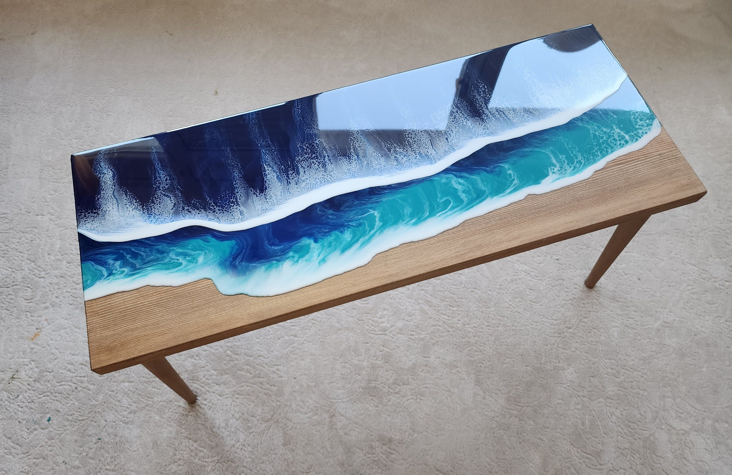 Natural Ocean Wave Blue Resin Beach Side Table, Wooden Sea Themed Living Room Bedroom Entryway Nautical Cool End Sofa Epoxy Art Coffee Table