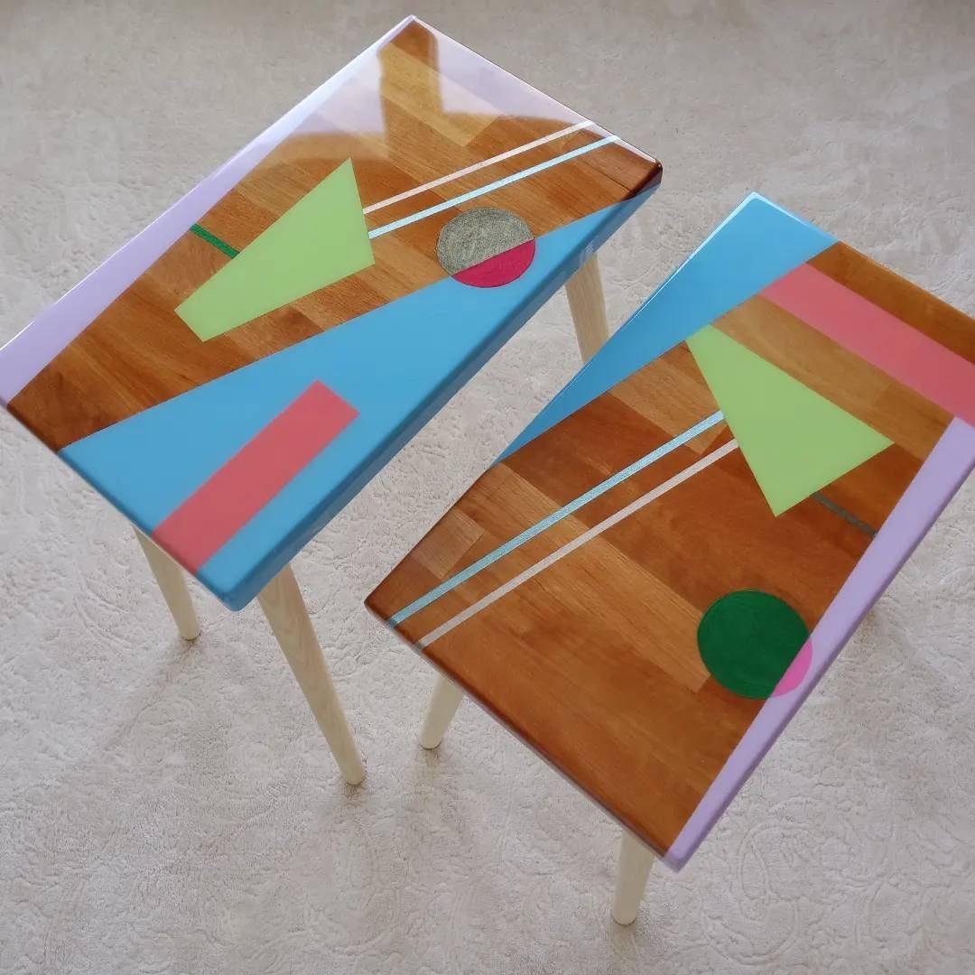 Modern Resin Narrow Colorful Abstract Side Tables , Unique Bedside Living Room Table, Wooden Sofa End Epoxy Art Blue Pink Green Coffee Table