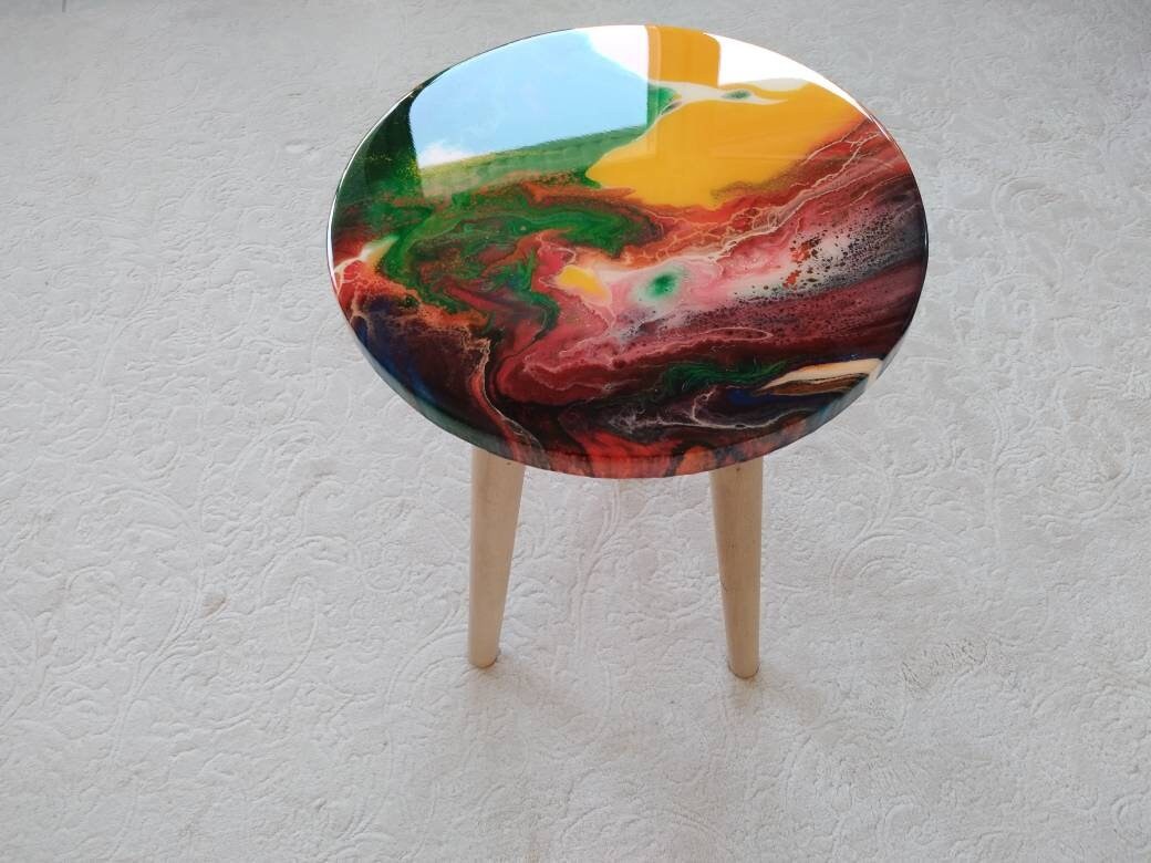 Round Yellow Red Side Resin Coffee Table, Bedside Blue Green Modern Unique Wood Handmade Wooden Abstract Art Sofa End Cool Amazing Table