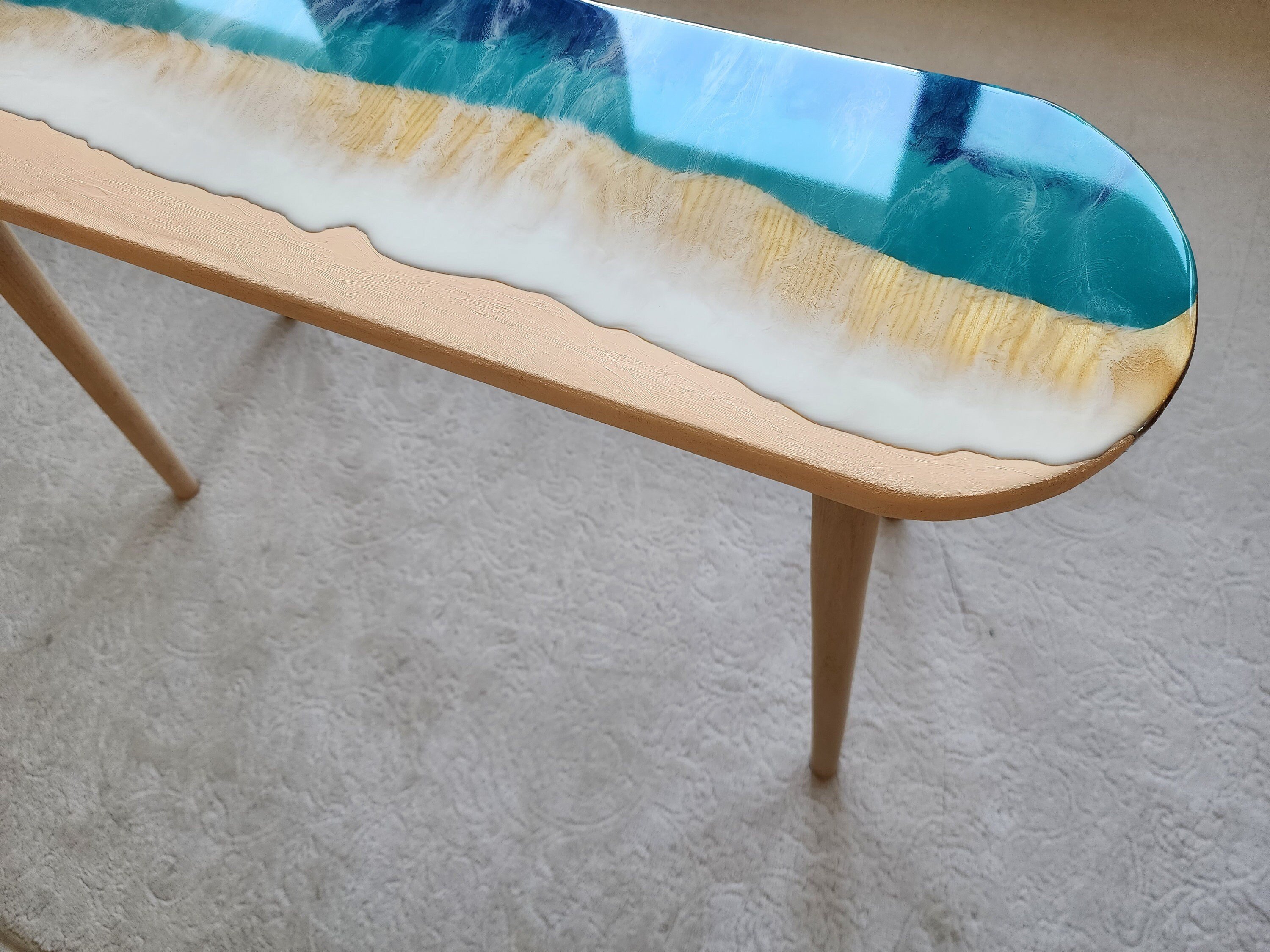 Oval Epoxy Resin Ocean Waves Side Coffee Table,  Natural Beach House Decor Blue Coastal Nautical Sea Themed Entryway Bedside Bedroom Table