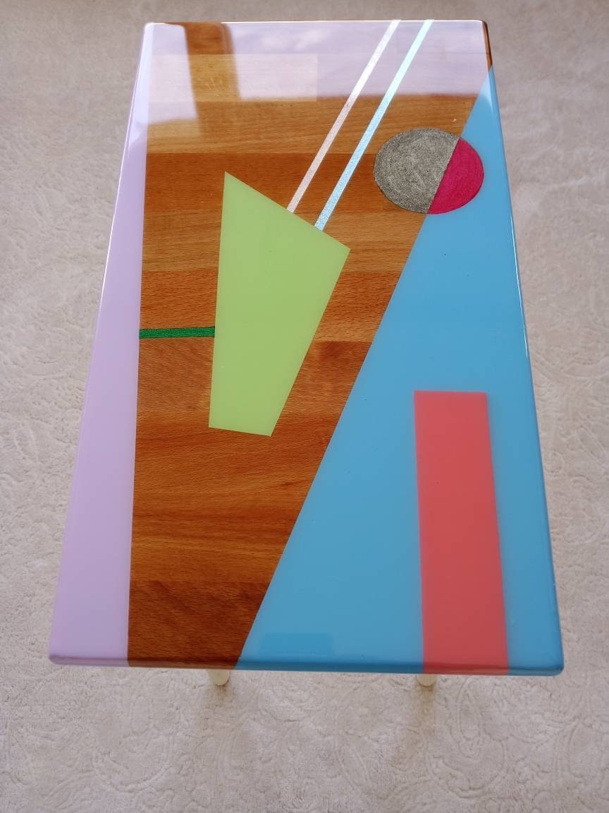 Small Bedside Narrow Resin Side Coffee Table, Unique Wood Wooden Blue Epoxy End Sofa Living Room Colorful Cool Abstract Funky Art Furniture