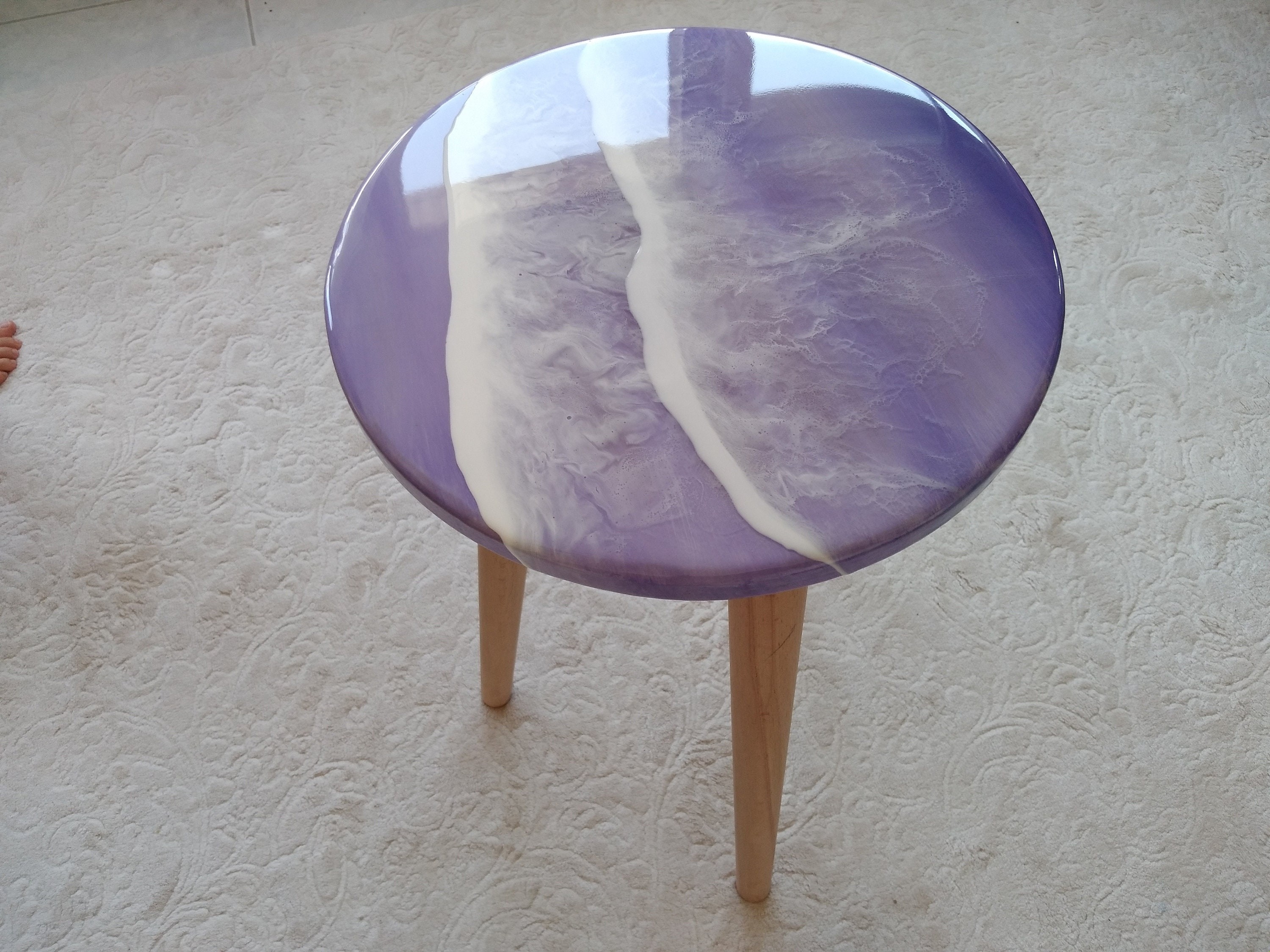 Unique Ocean Wave Resin Side Coffee Table, Beach Design Modern Purple Natural Wood Art Sofa Living Room Bedside Cool Live Edge River Table