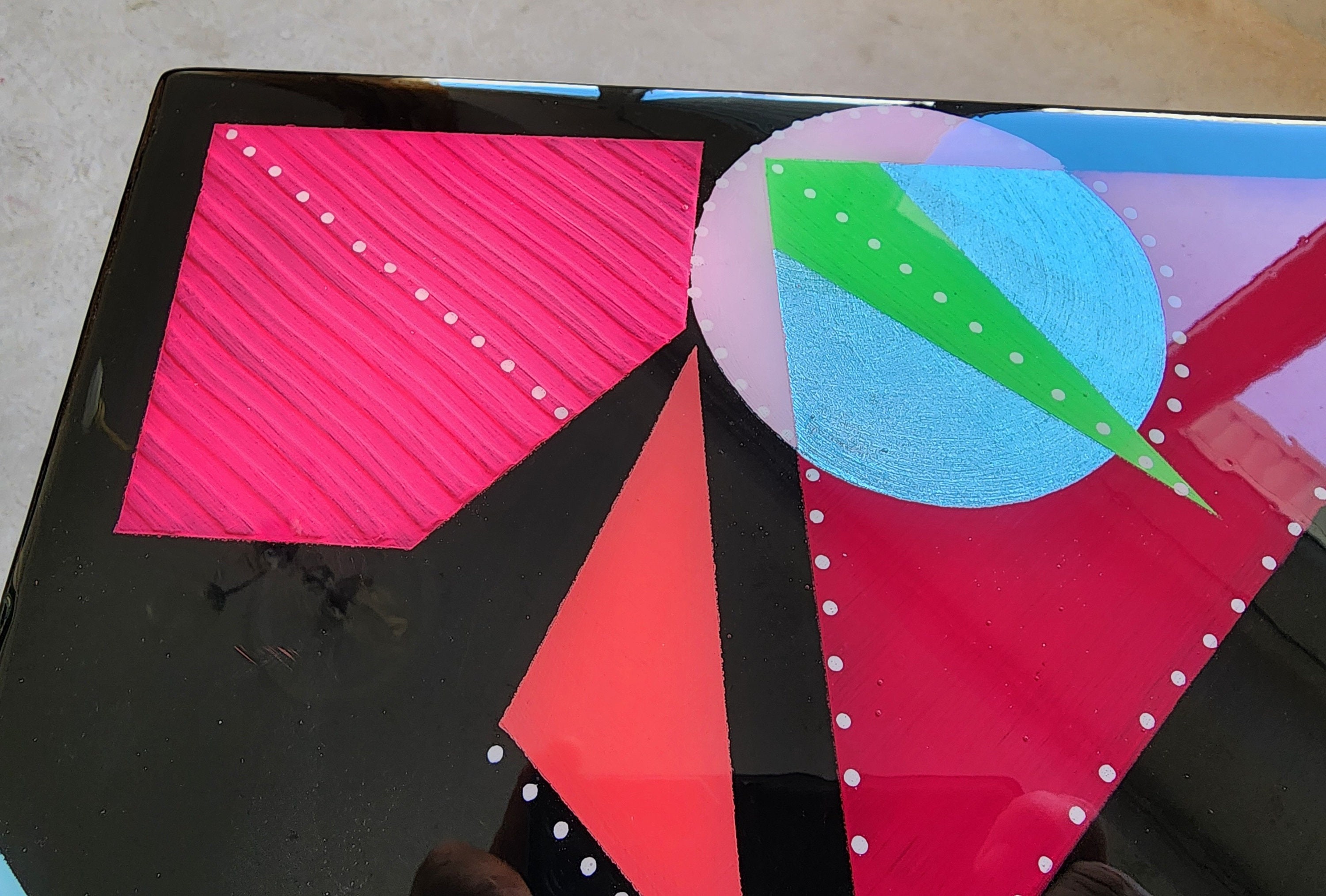 Hand Painted Black Abstract Wooden Epoxy Resin Side End Table, Colorful Funky Eclectic Rainbow  Pop Art Cute Unusual Geometric Coffee Table