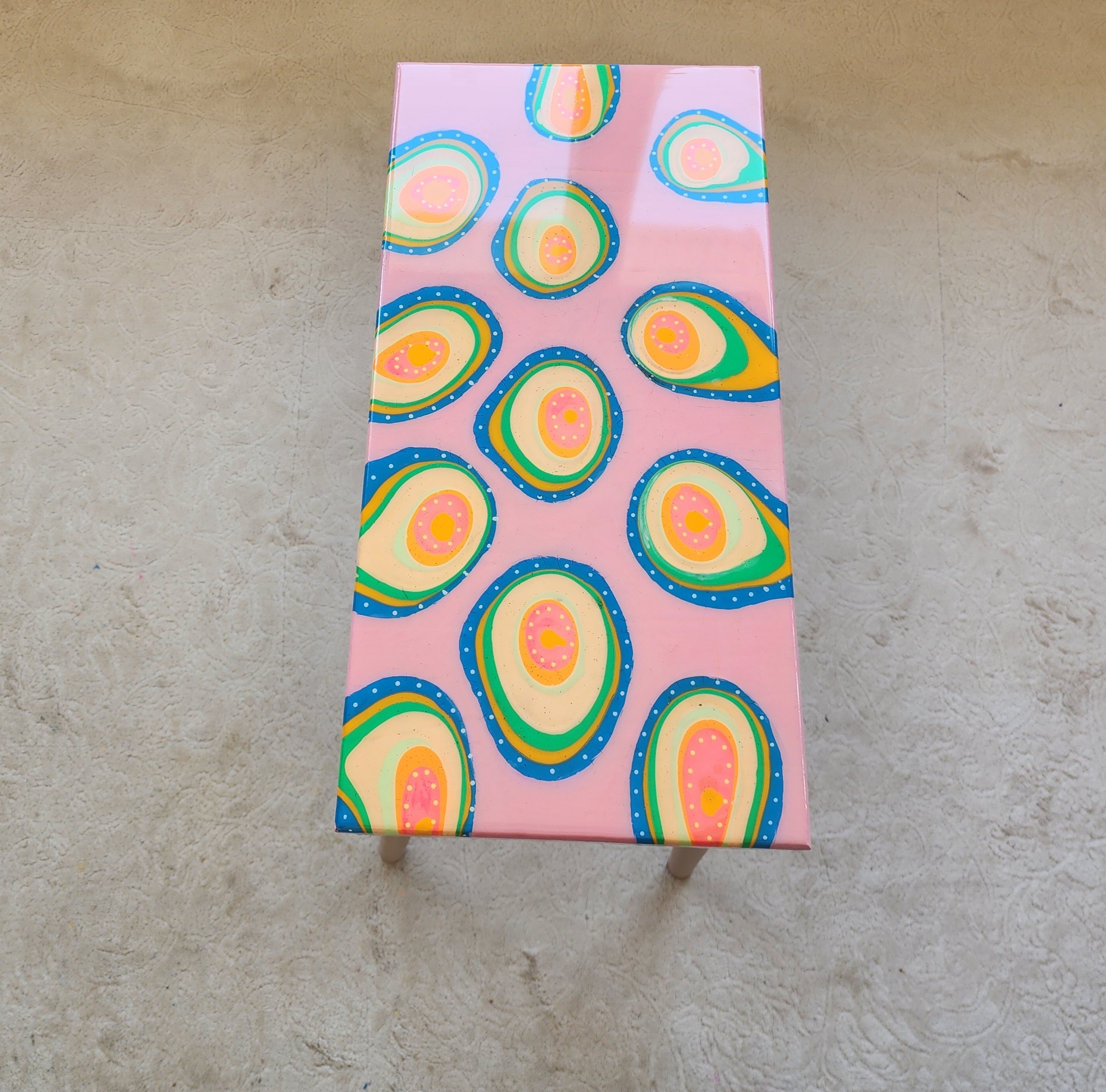 Unusual Pink Funky Colorful Side Narrow Resin Coffee Table, Maximalist Eclectic Abstract Cool Neon Painted Leg Epoxy Cute Boho Pop Art Table