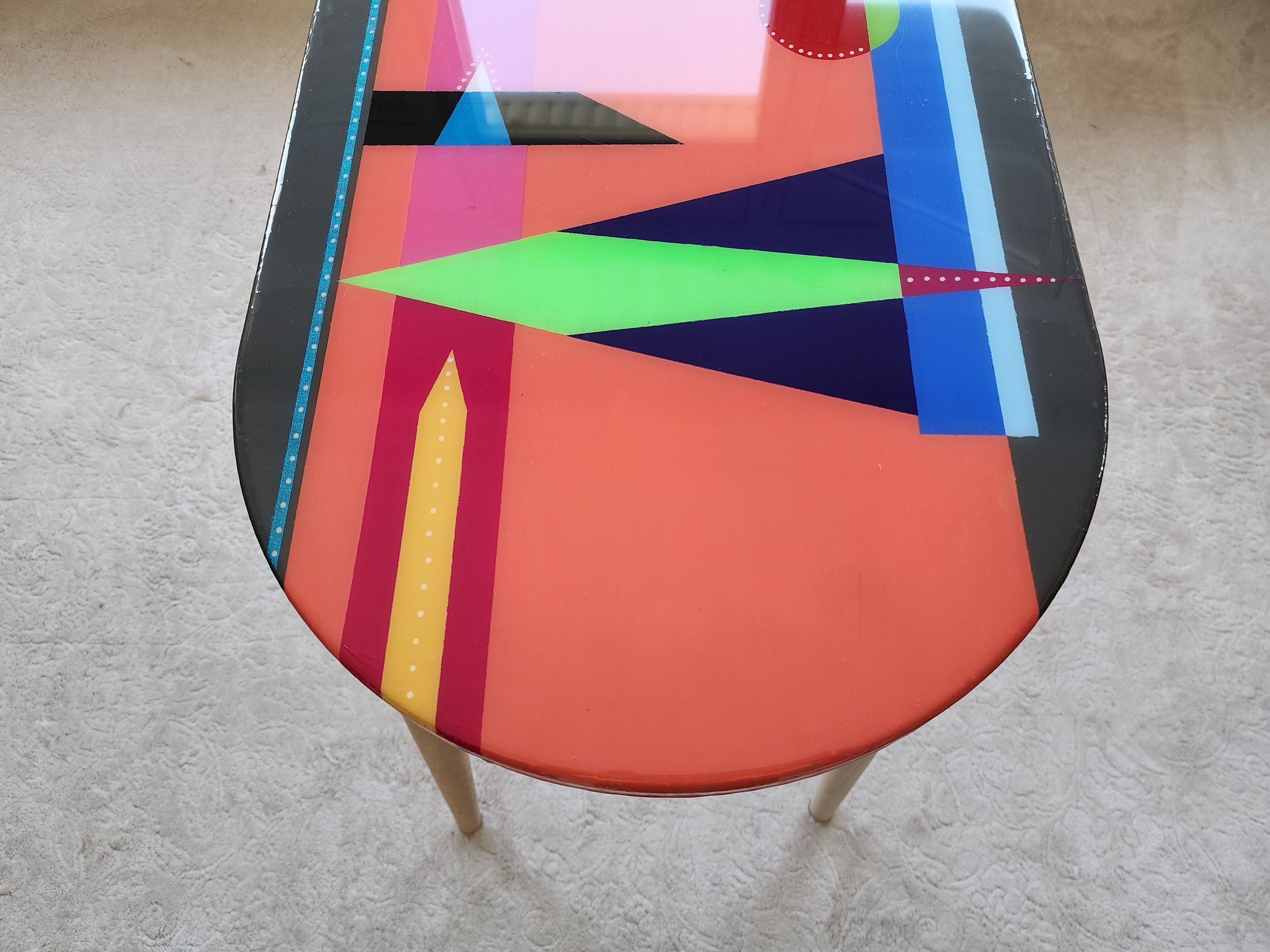 Oval Colorful Funky Abstract Epoxy Resin Side Coffee Table,Pink Black Groovy Vibrant Wooden Rainbow Retro Cool Luxury Center Art End Table