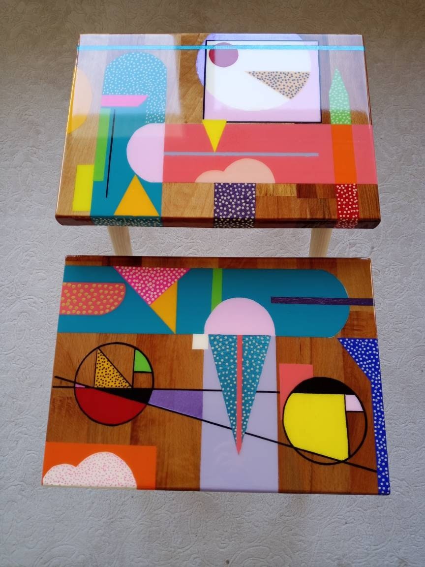 Colorful Hand Painted Funky Resin Side End Tables, Unique Pink Blue Abstract Bedside Living Room Entryway Boho 80s Epoxy Art Coffee Table
