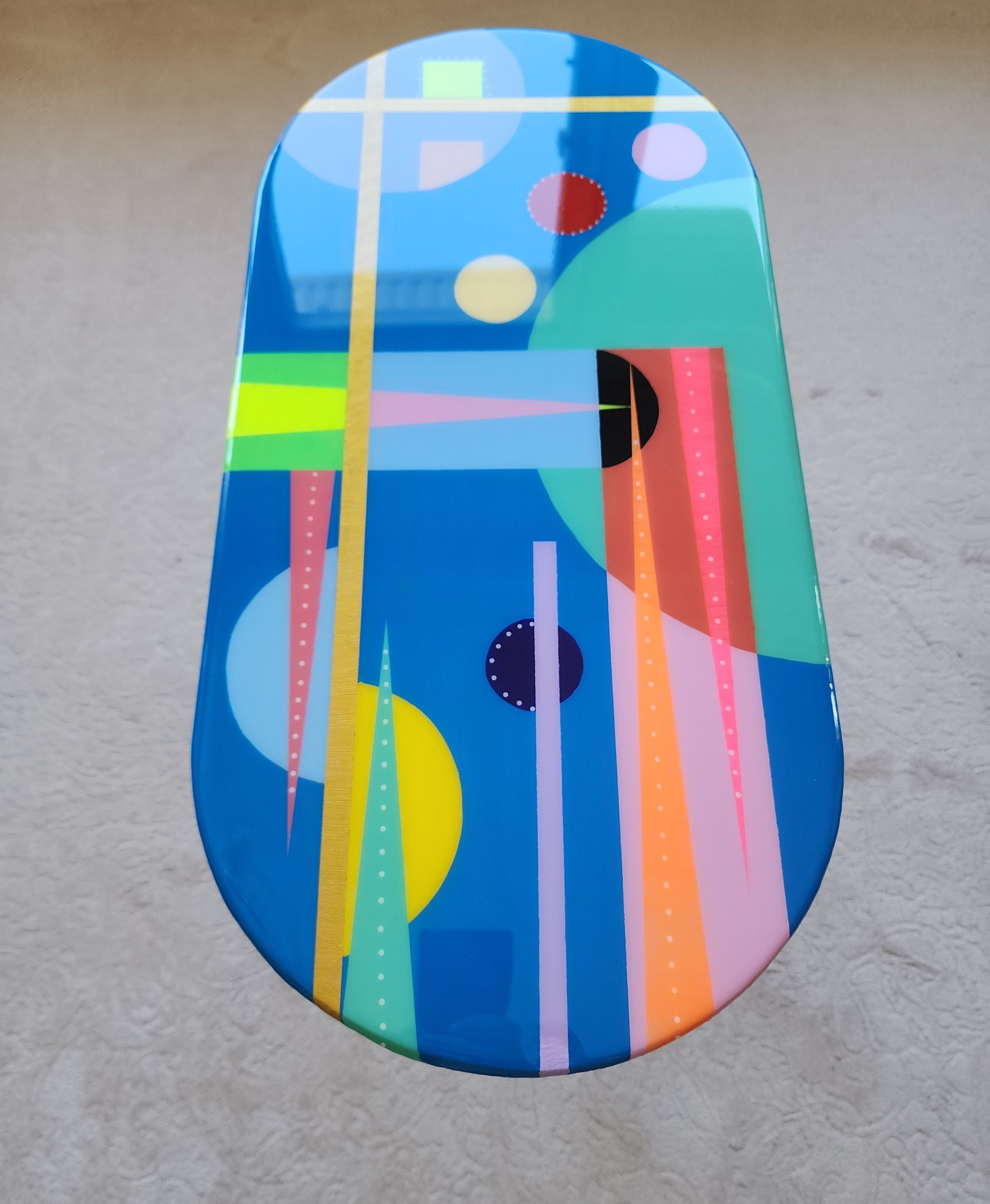 Oval Abstract Painted Colorful Resin Side Coffee Table, Handmade Wooden Geometric Blue Entryway Center Living Room Bedside Small Epoxy Table