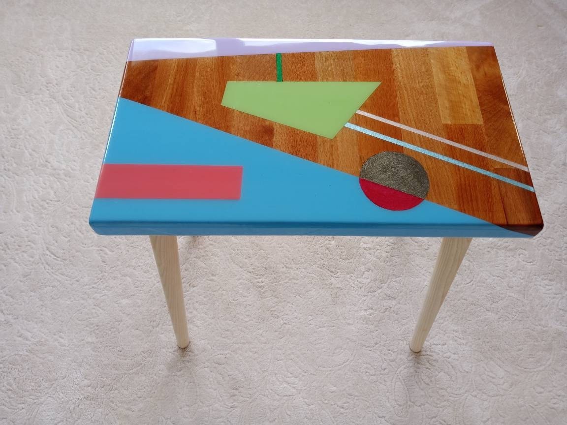 Small Bedside Narrow Resin Side Coffee Table, Unique Wood Wooden Blue Epoxy End Sofa Living Room Colorful Cool Abstract Funky Art Furniture