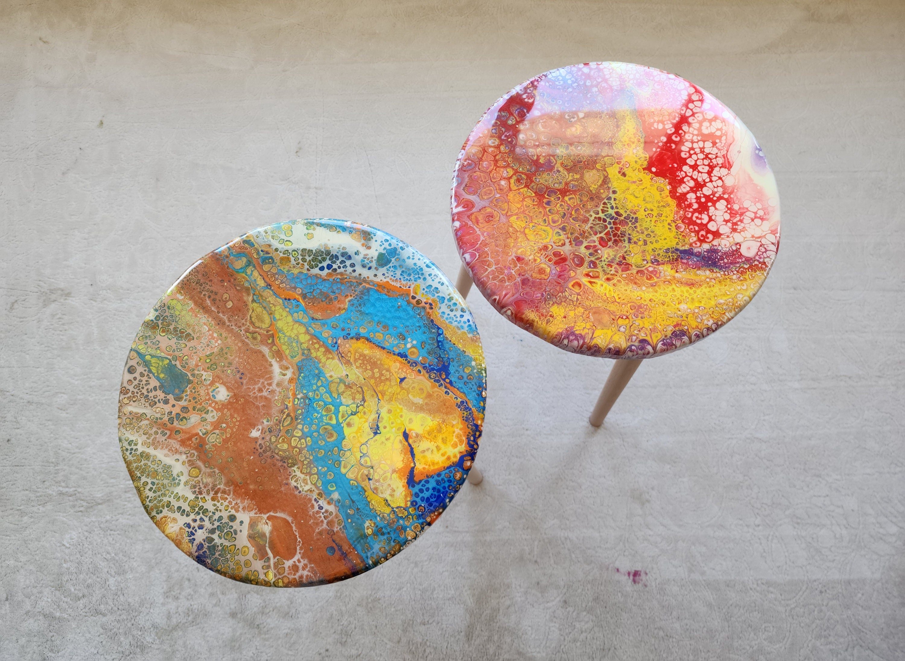 Round Colorful Abstract Epoxy Resin Side Coffee Tables, Cool Red Blue Wooden Postmodern Funky Nightstand Modern Handcrafted  End Art Table