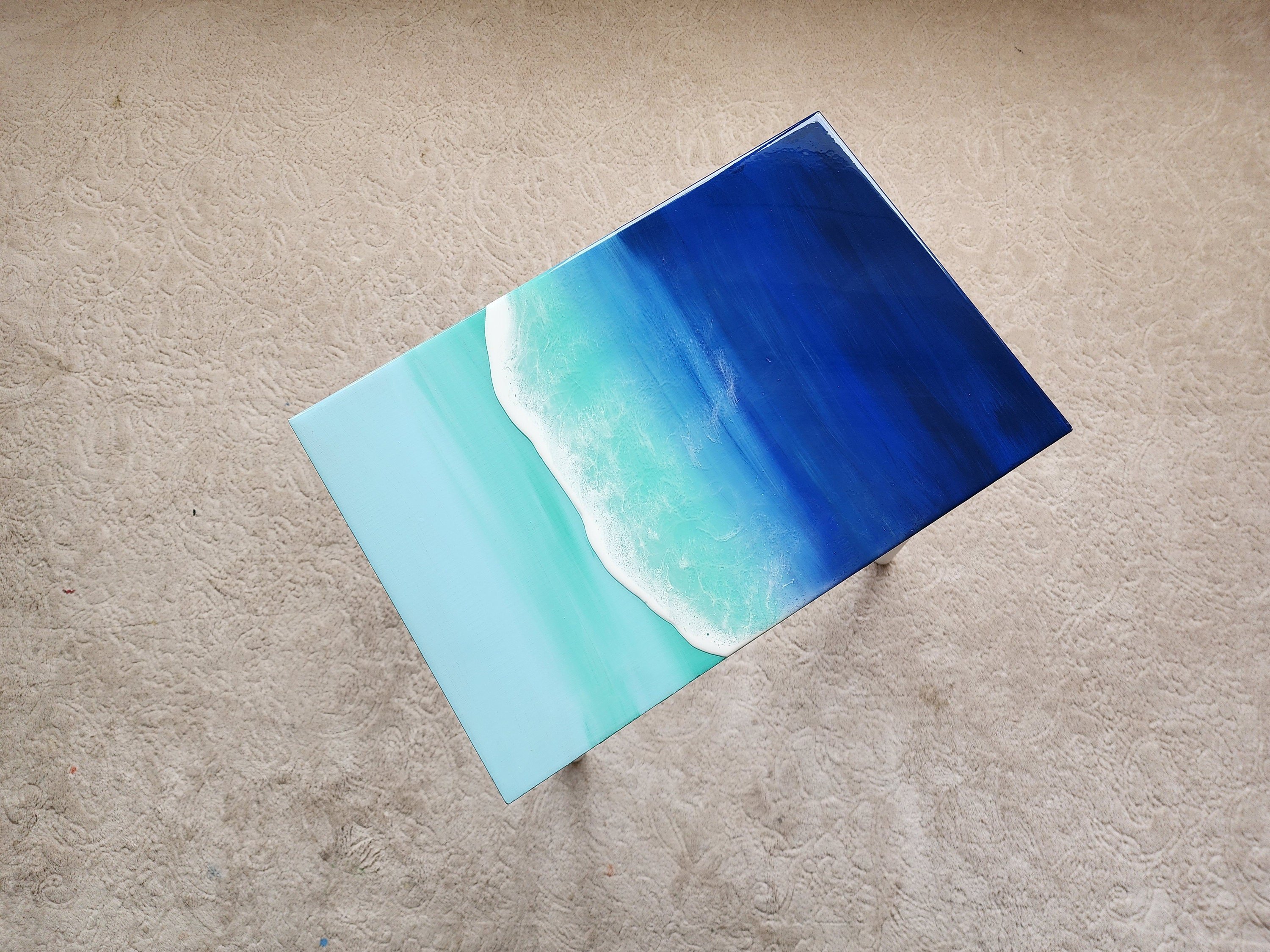 Beach Themed Epoxy Resin Ocean Wave Side Coffee Table, Coastal Blue Natural Sea Table,Unique Groovy Sofa End Table,Modern Painted Legs Table