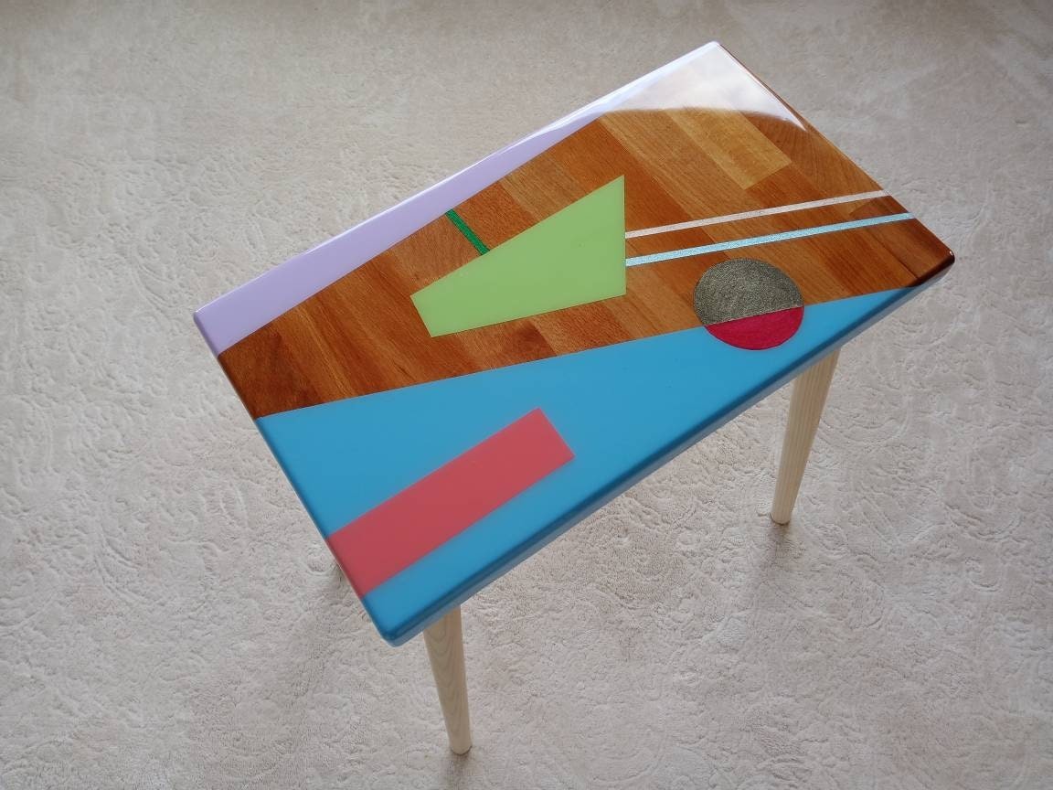 Small Bedside Narrow Resin Side Coffee Table, Unique Wood Wooden Blue Epoxy End Sofa Living Room Colorful Cool Abstract Funky Art Furniture