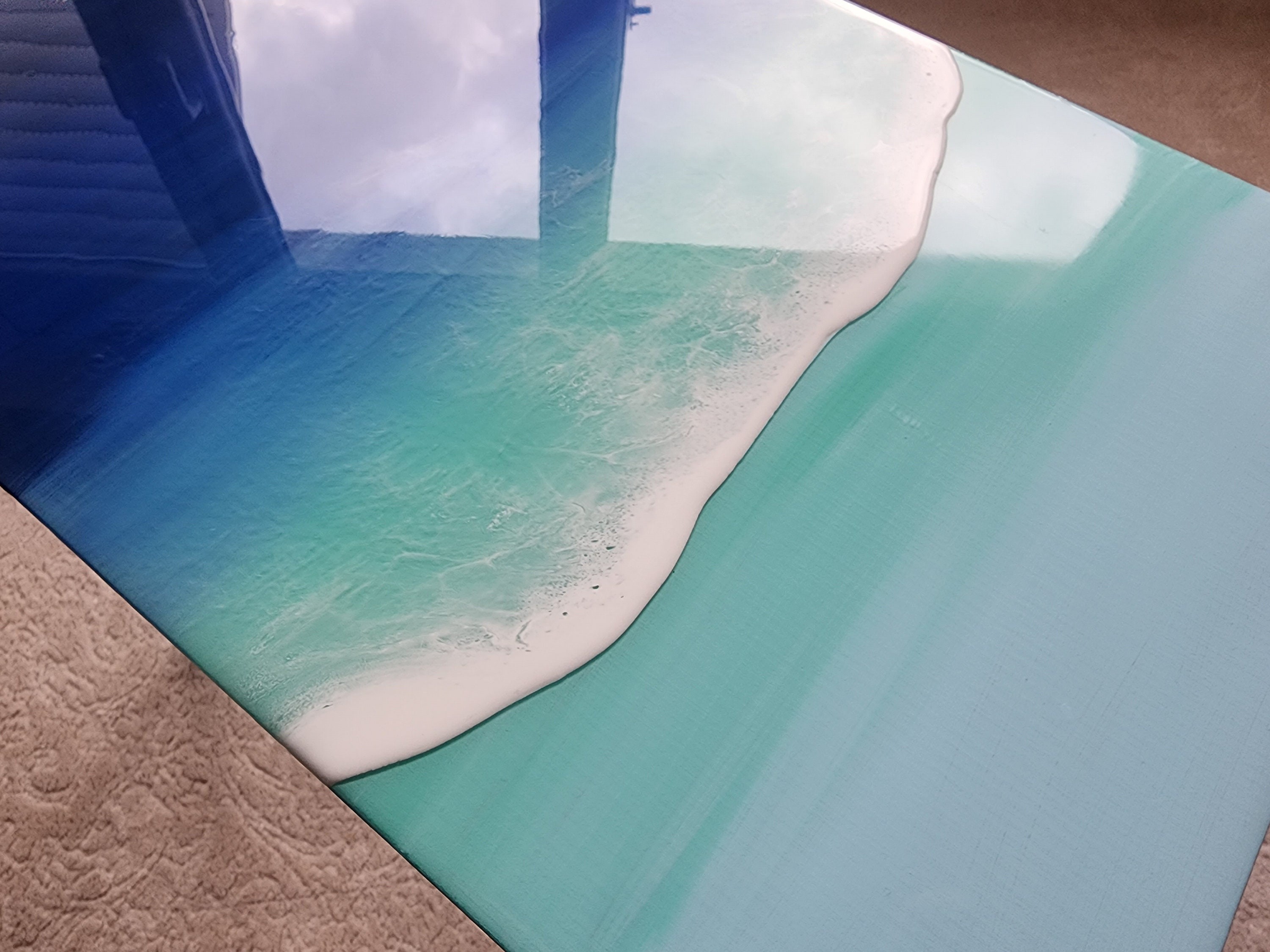 Beach Themed Epoxy Resin Ocean Wave Side Coffee Table, Coastal Blue Natural Sea Table,Unique Groovy Sofa End Table,Modern Painted Legs Table