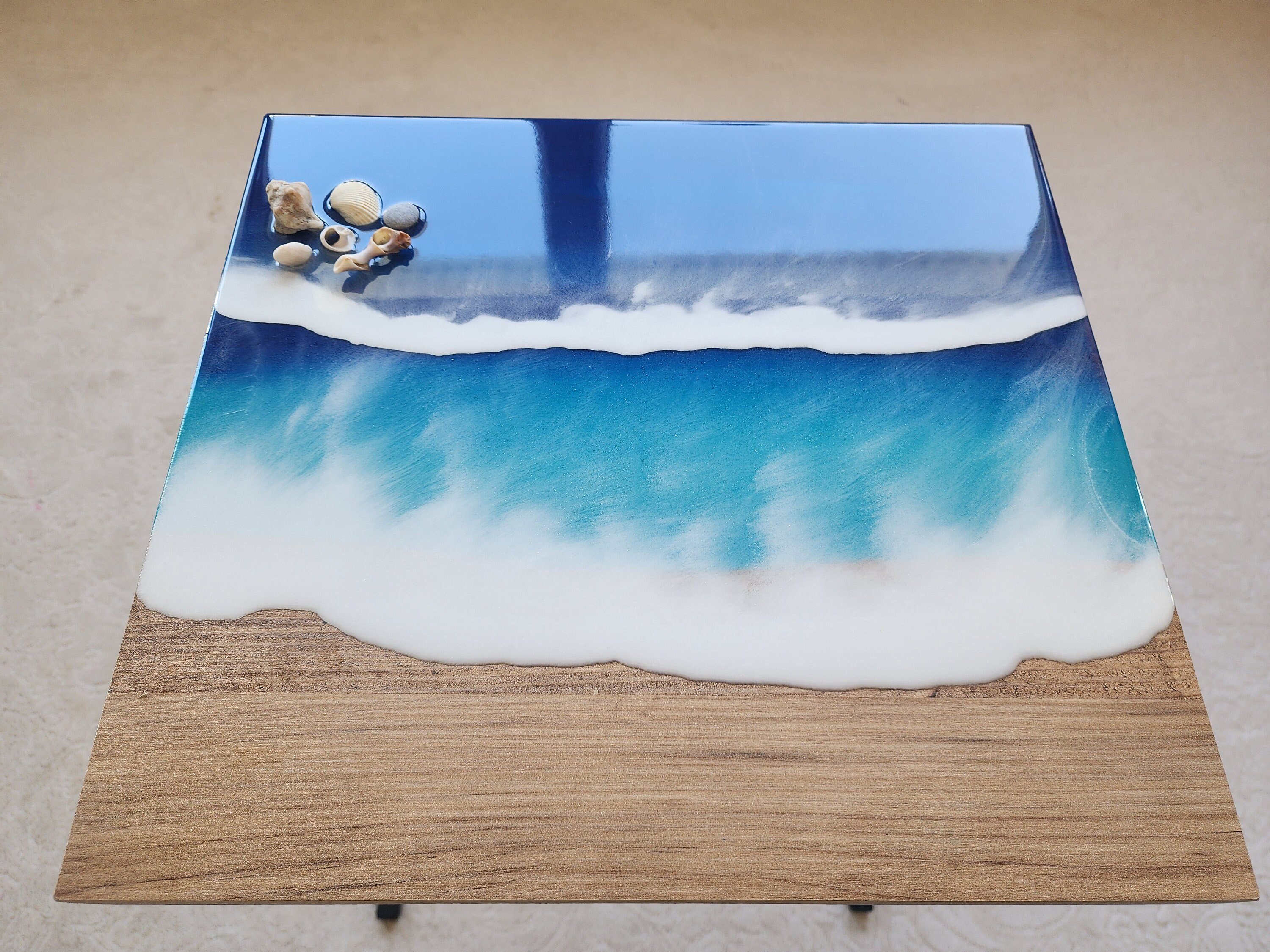 Small C Shape Ocean Wave Epoxy Resin Couch Table, Modern Nautical Sofa Side Sea End Table, Coastal Seashell Beach Snack Art Coffee Table
