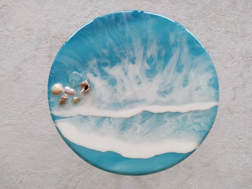 Unique Blue Ocean Wave Resin Side Coffee Table,  Modern Natural Wooden Sofa End Beach House Decor,Living Room, Bedside Cool Sea Art Table