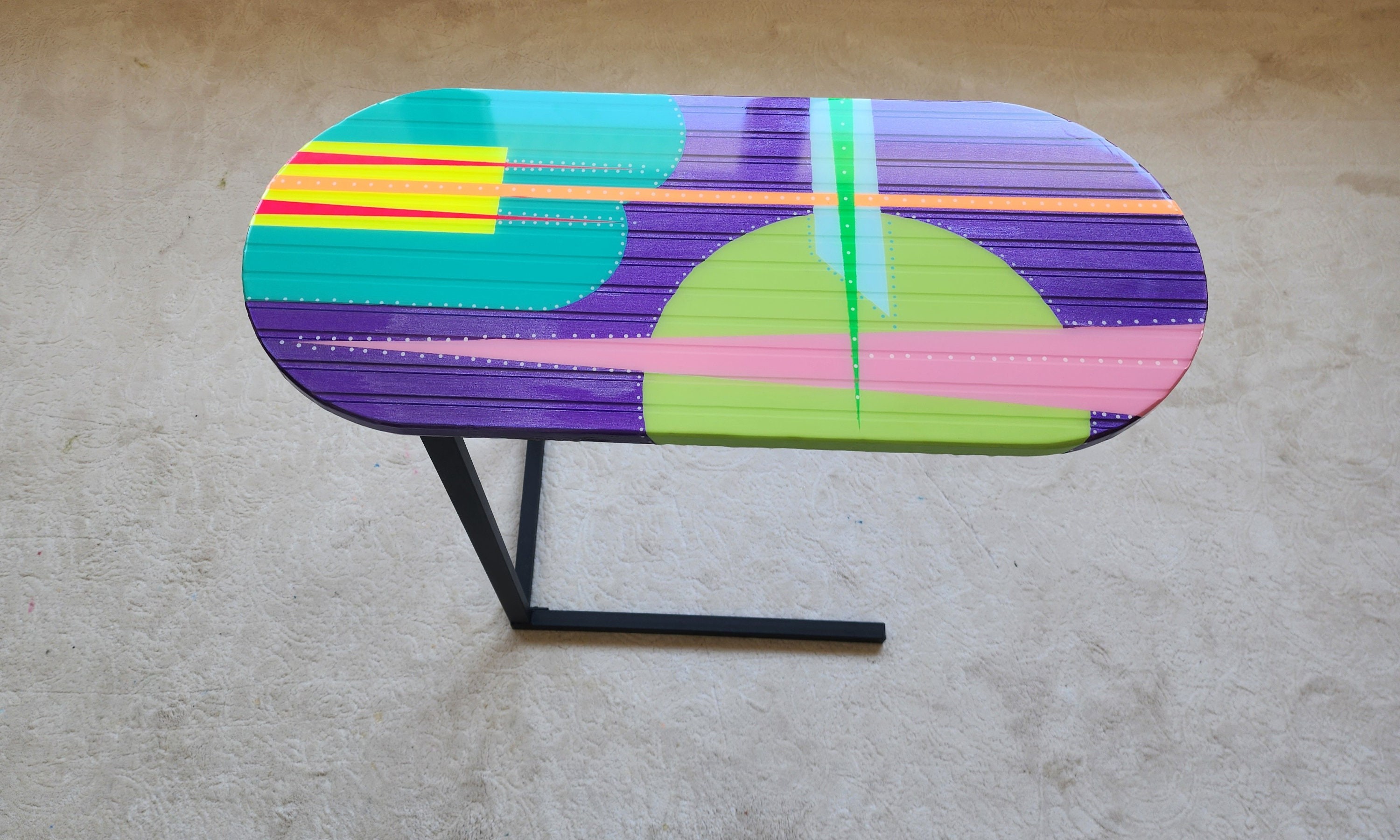 Wooden C Shape Colorful Side End Resin Coffee Table With Metal Legs, Abstract Cool Vintage Retro Modern Geometric Design Purple Couch Table