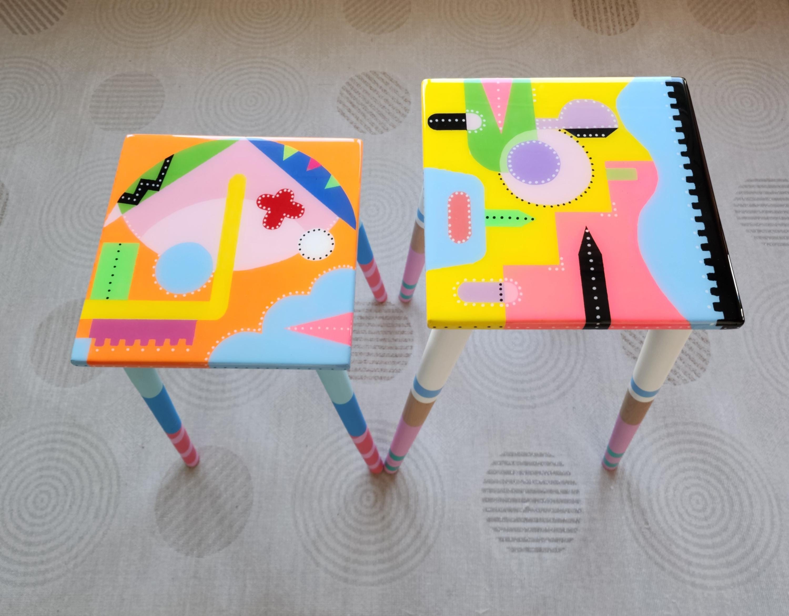 Colorful Painted Funky Abstract Cool Resin Side Coffee Tables,Wooden Modern Pink Orange Acrylic Quirky Bedside Furniture Cute Art Nightstand