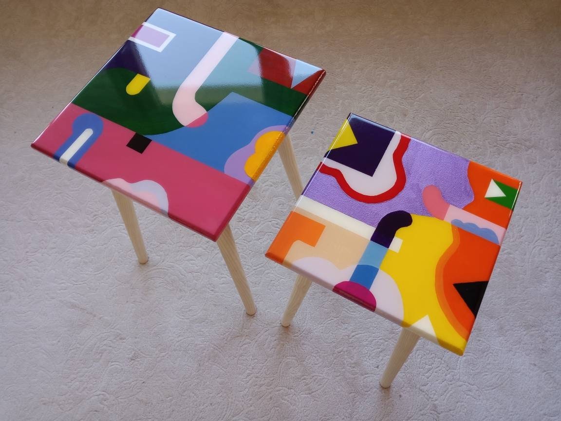 Pink Purple Boho Resin Side End Coffee Tables, Unique Wood Bedside Living Room Modern Funky Epoxy Painted Unique Abstract Coffee Table Gift